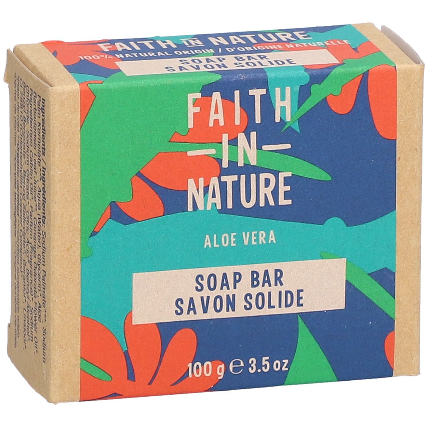 Kartonnen verpakking. Opschrift: Faith in Nature, Aloe Vera, Soap Bar, Savon Solide. 100g 3.5 oz. Productweergave.