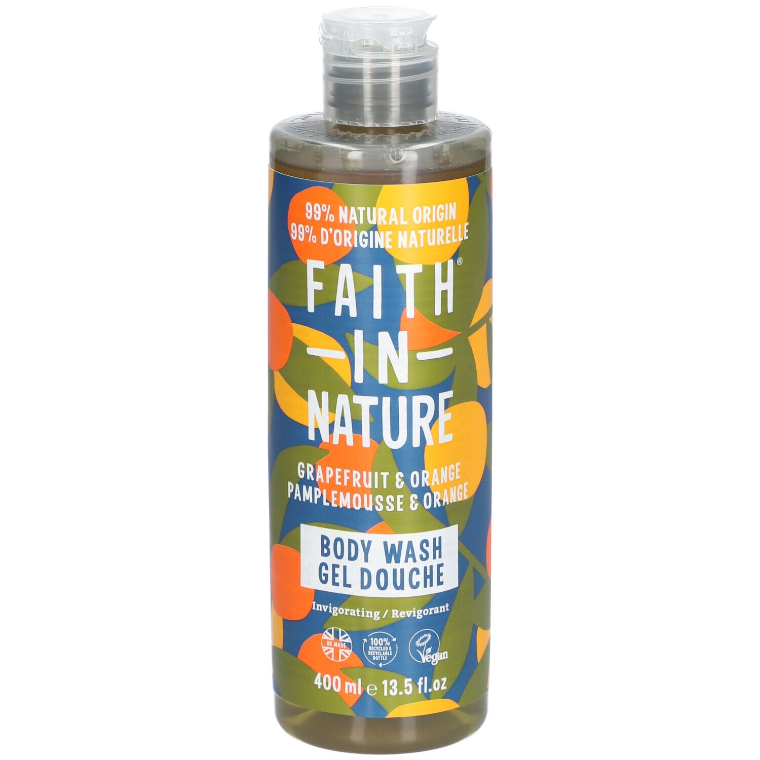 Gel douche Faith in Nature. Flacon avec motifs pamplemousse et orange. Contenance 400 ml.