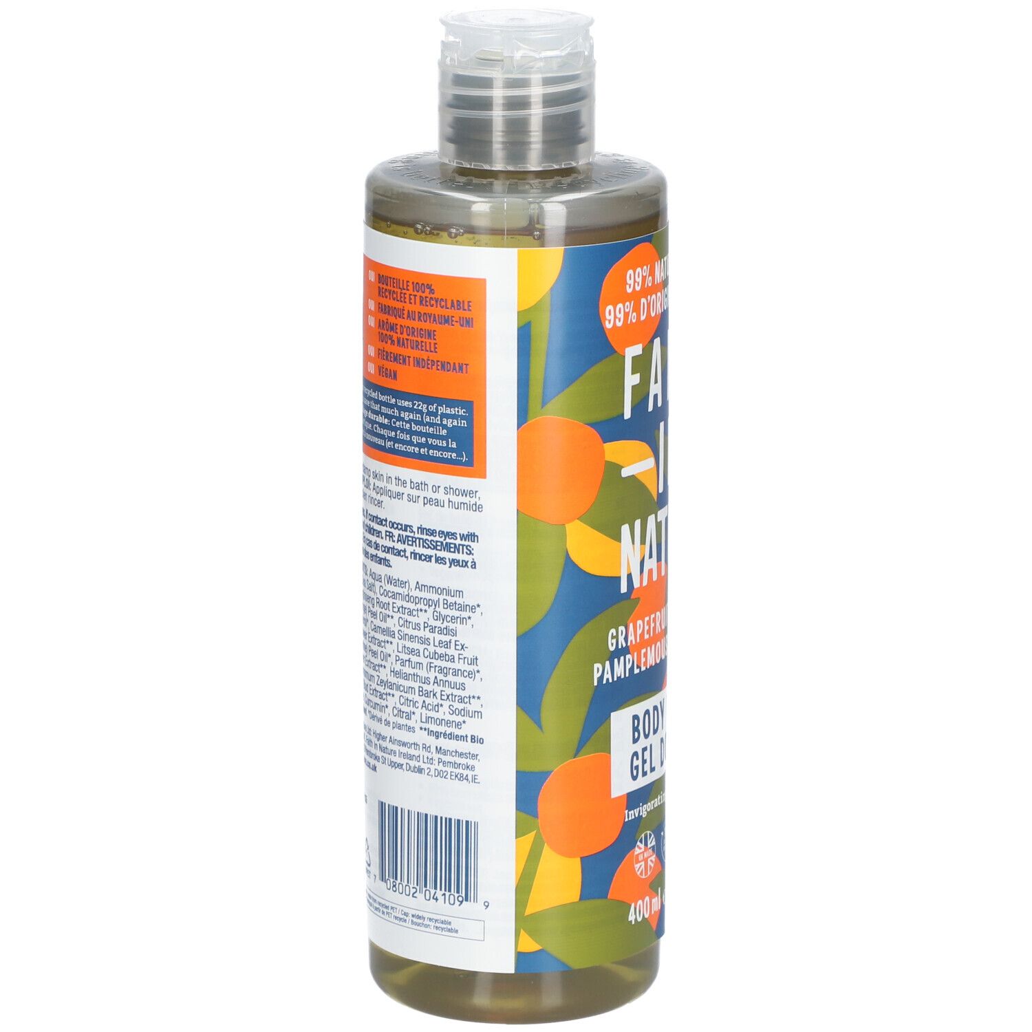 Dos de la bouteille de gel douche. Informations sur les ingrédients et l'utilisation. Bouteille 100% recyclable.