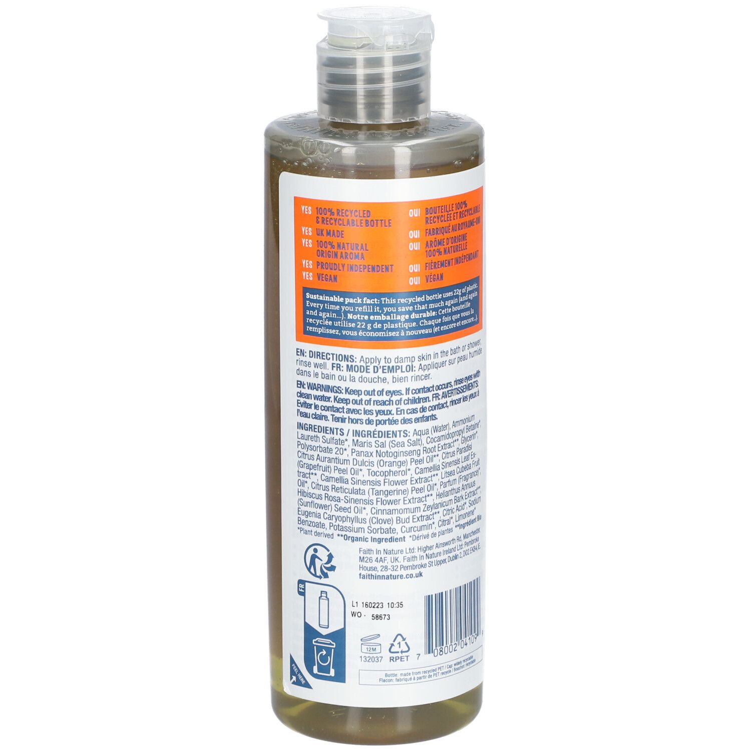 Dos de la bouteille de gel douche. Instructions et ingrédients. Bouteille 100% recyclable.