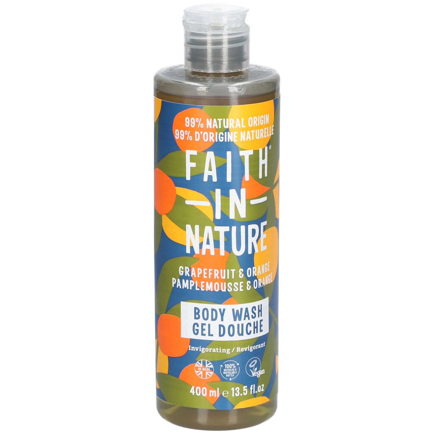 Gel douche Faith in Nature. Flacon avec motifs pamplemousse et orange. Contenance 400 ml.