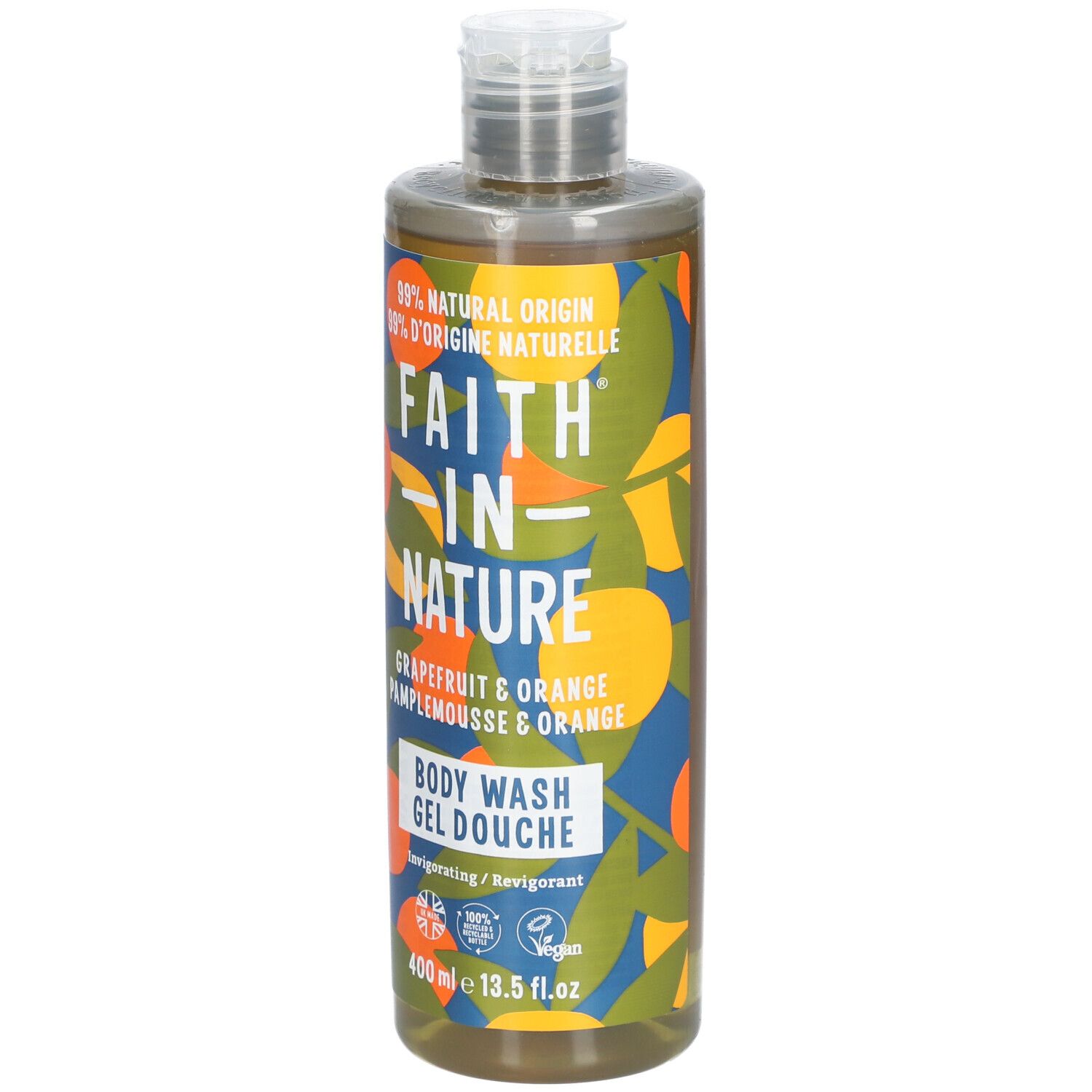Gel douche Faith in Nature. Flacon avec motifs pamplemousse et orange. Contenance 400 ml.