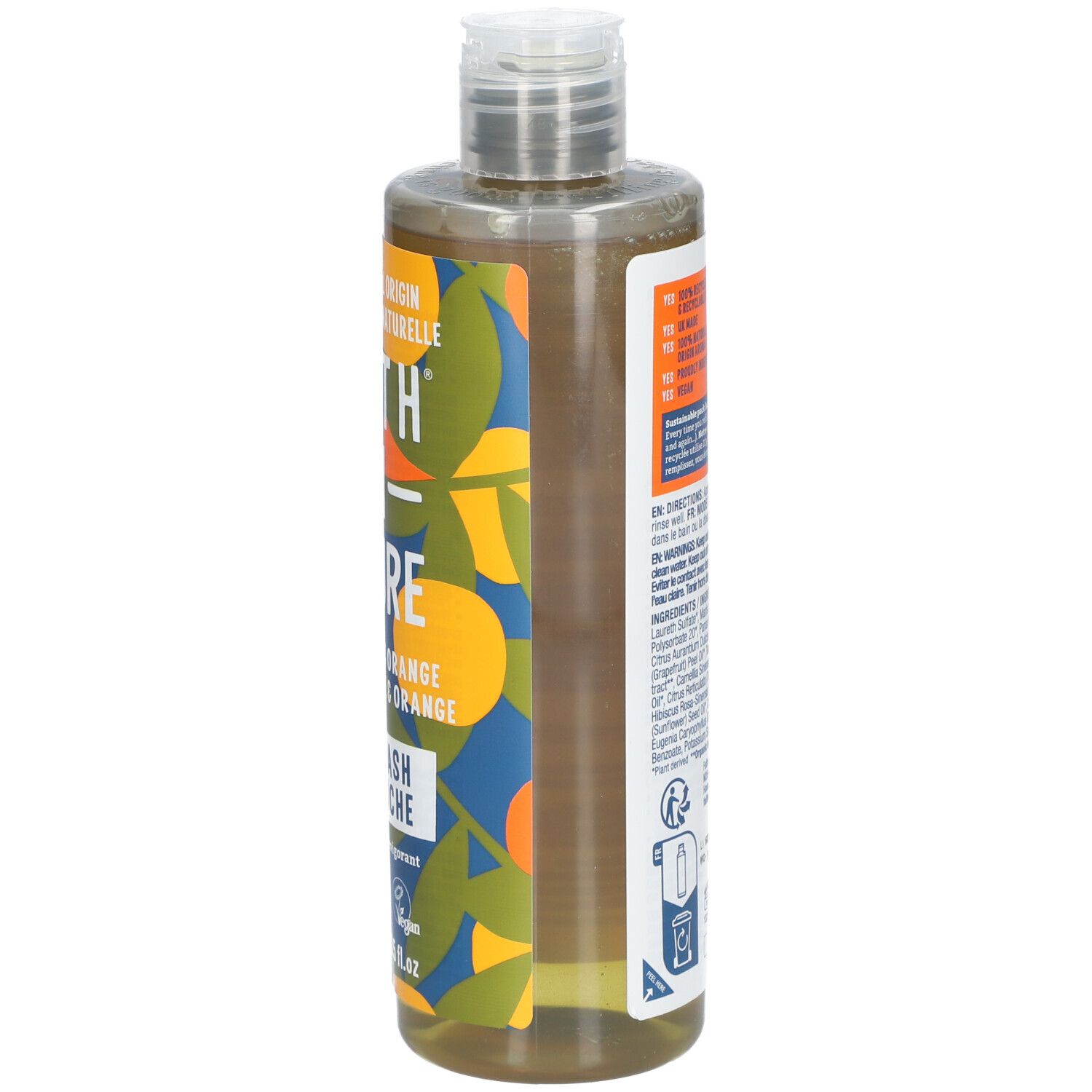 Flacon de gel douche Faith in Nature. Design pamplemousse et orange. Label vegan.