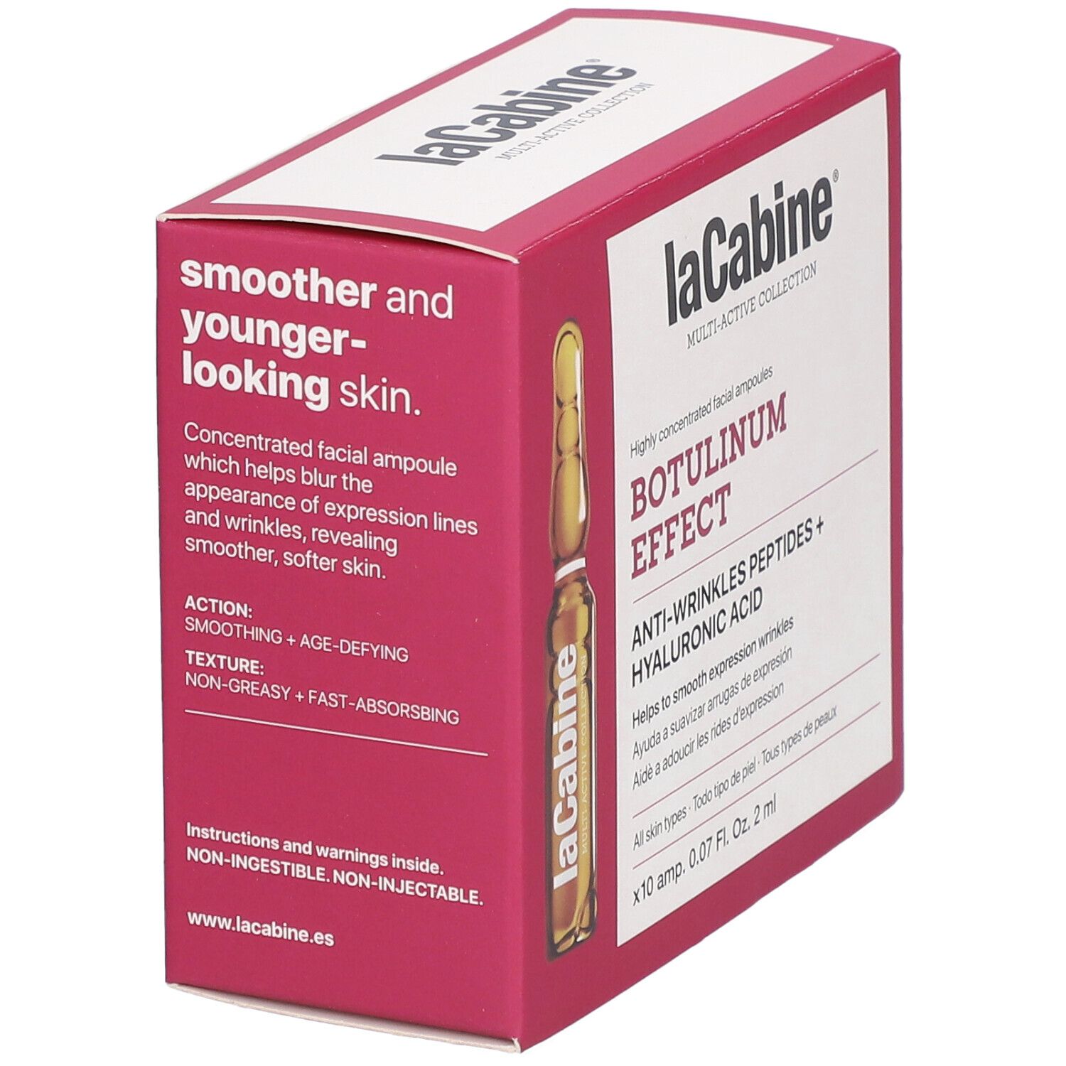 Verpackung laCabine Botulinum Effect. Text: Glattere, jünger aussehende Haut. Ampulle sichtbar.