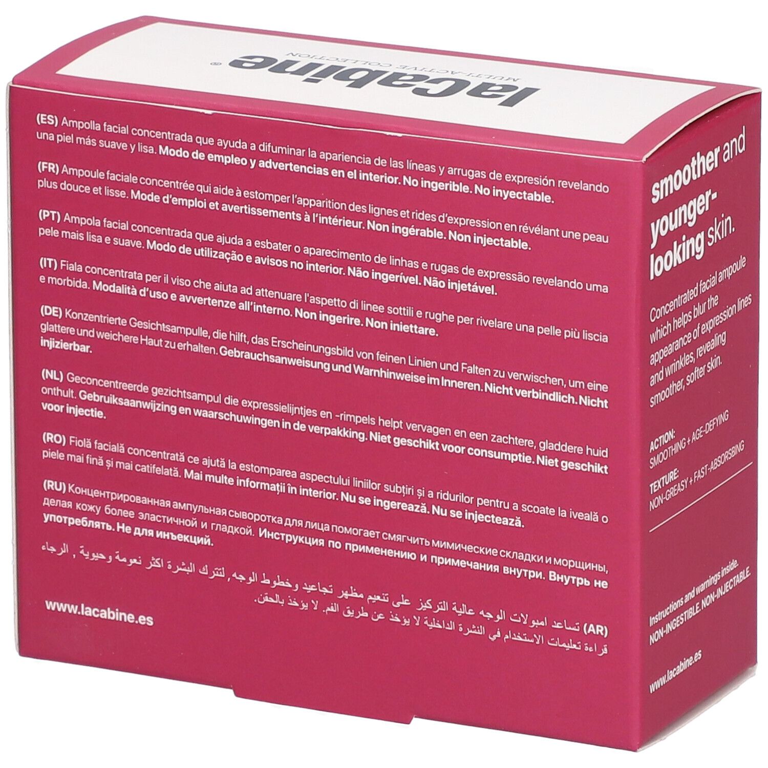 Rückseite der Verpackung laCabine Botulinum Effect. Mehrsprachiger Text. Nicht injizierbar.