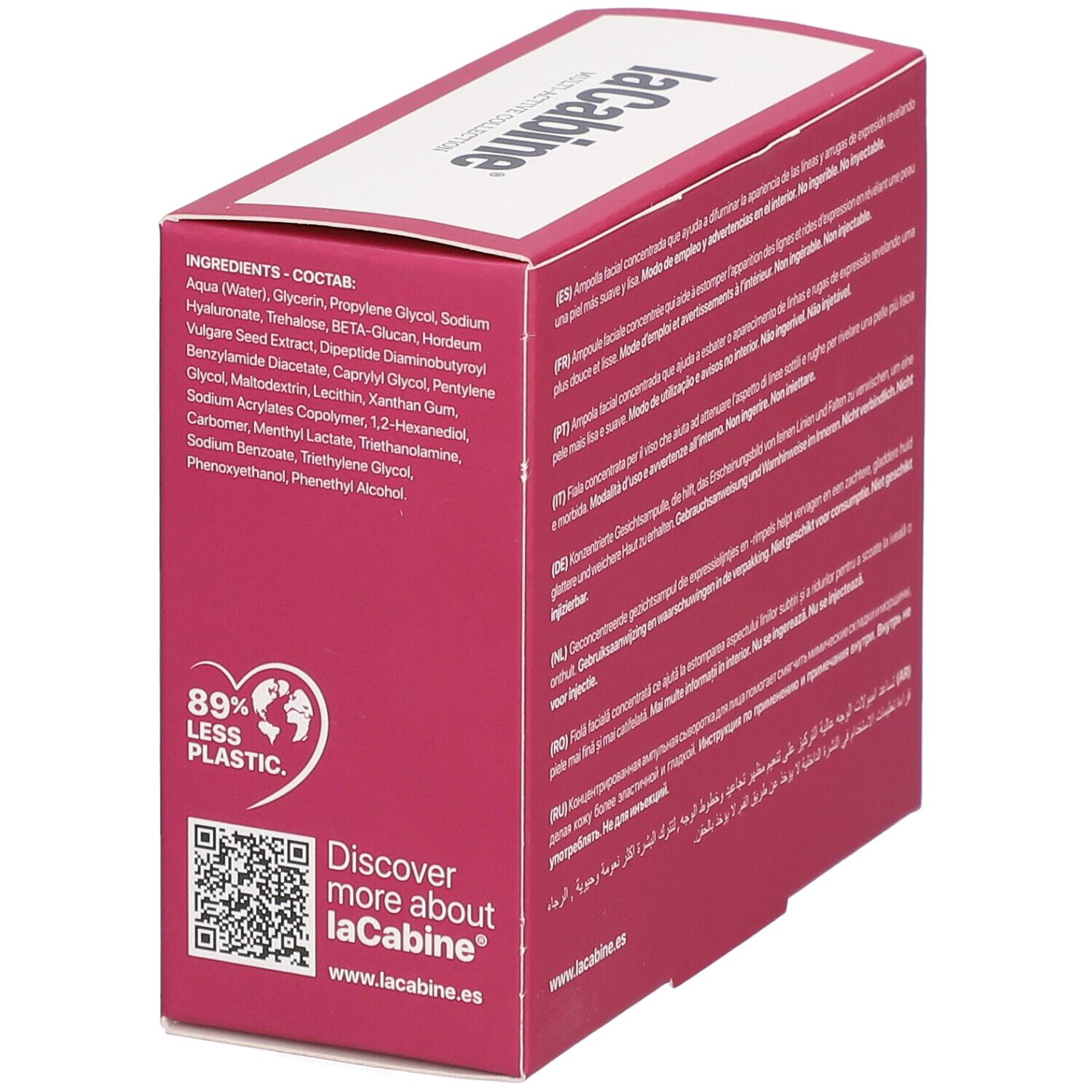 Verpackung laCabine Botulinum Effect. Inhaltsstoffe, QR-Code, 89% weniger Plastik.