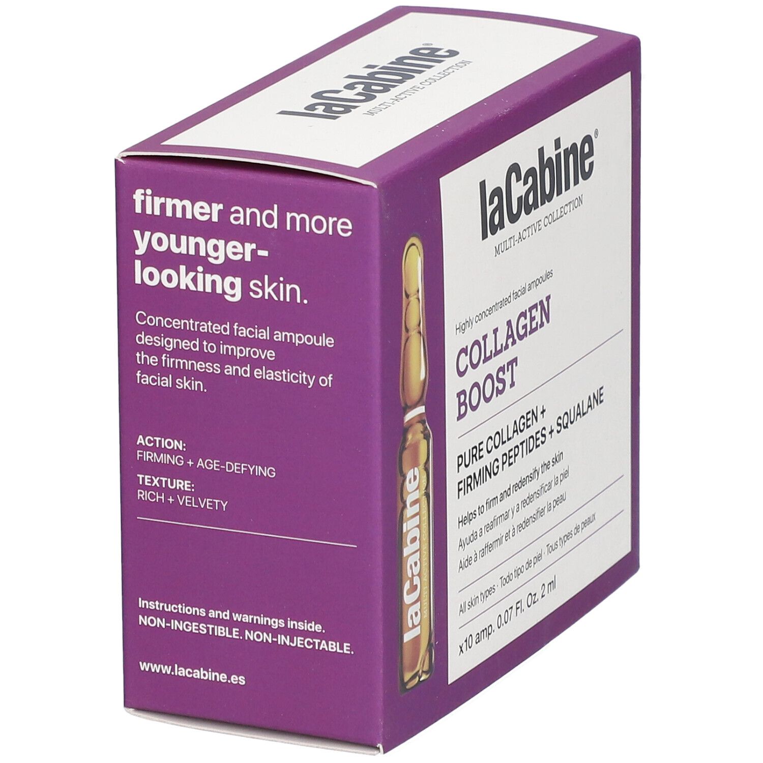 Verpackung laCabine COLLAGEN BOOST. Text: Firmer and more younger-looking skin. Enthält 10 Ampullen.