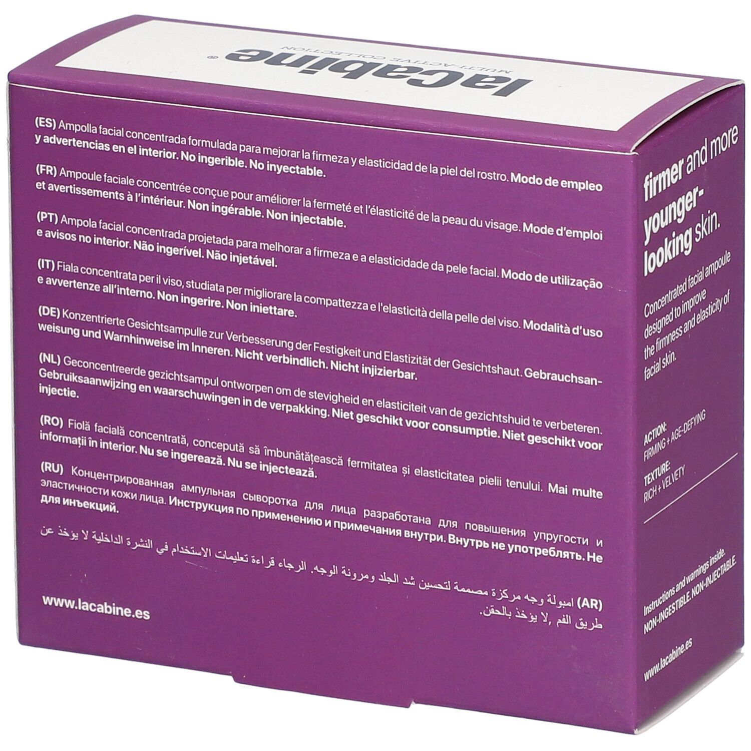 Rückseite der Verpackung laCabine COLLAGEN BOOST. Text in mehreren Sprachen. Nicht injizierbar.