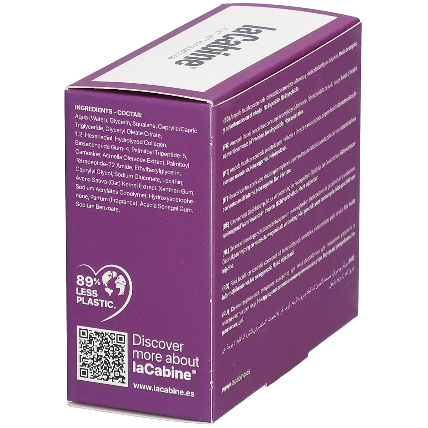 Seite der Verpackung laCabine COLLAGEN BOOST. Inhaltsstoffe und Text: 89% weniger Plastik.