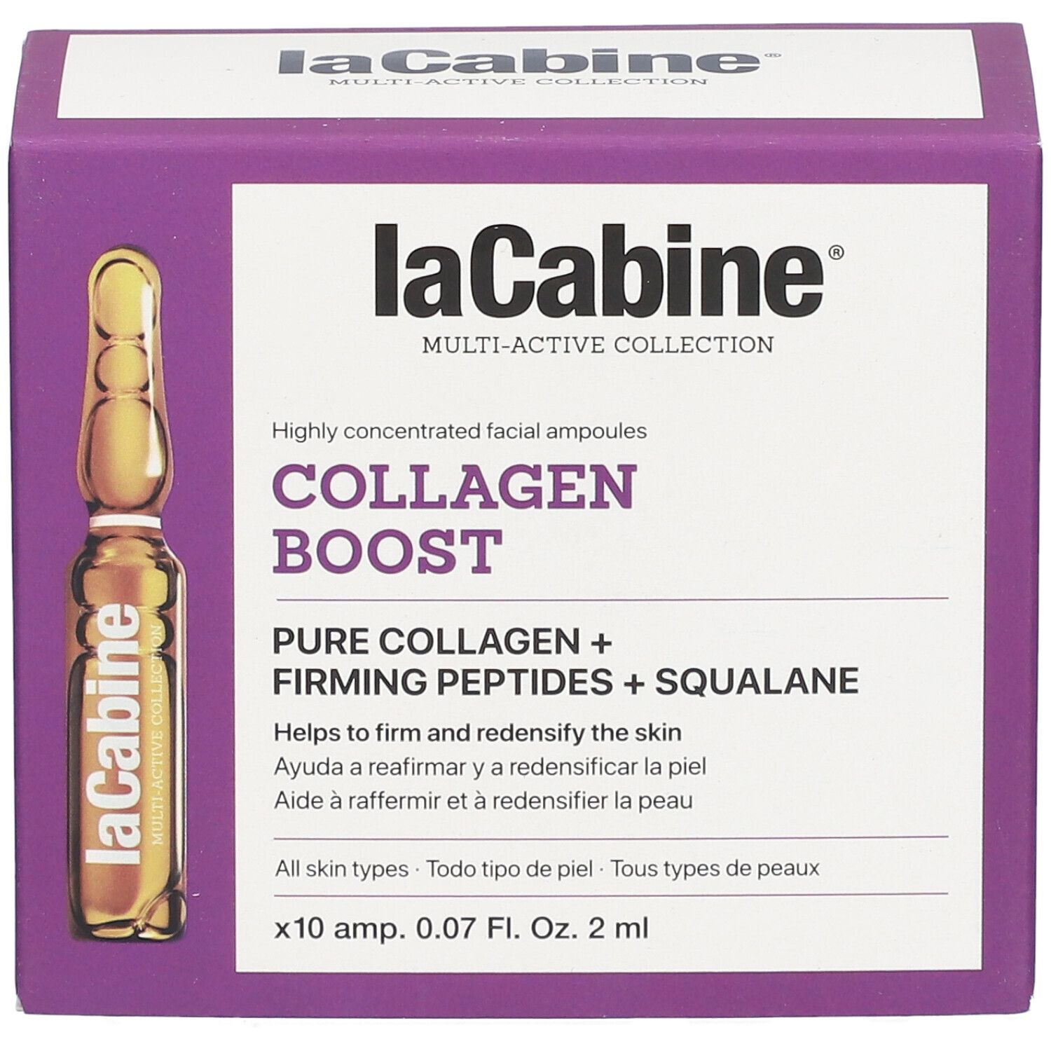 Verpackung laCabine COLLAGEN BOOST. Aufschrift: COLLAGEN BOOST. Enthält 10 Ampullen.