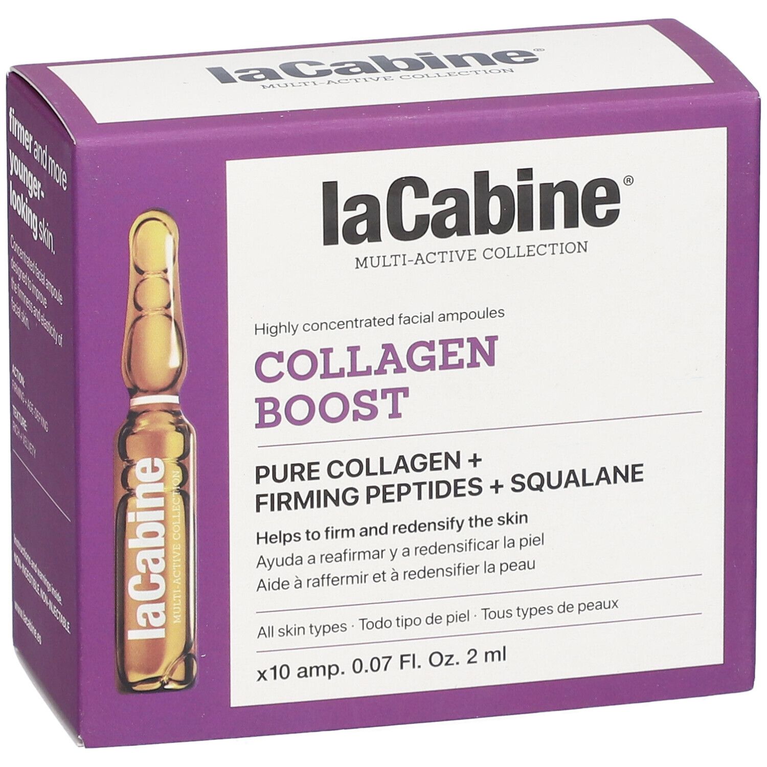 Verpackung laCabine COLLAGEN BOOST. Aufschrift: COLLAGEN BOOST. Enthält 10 Ampullen.