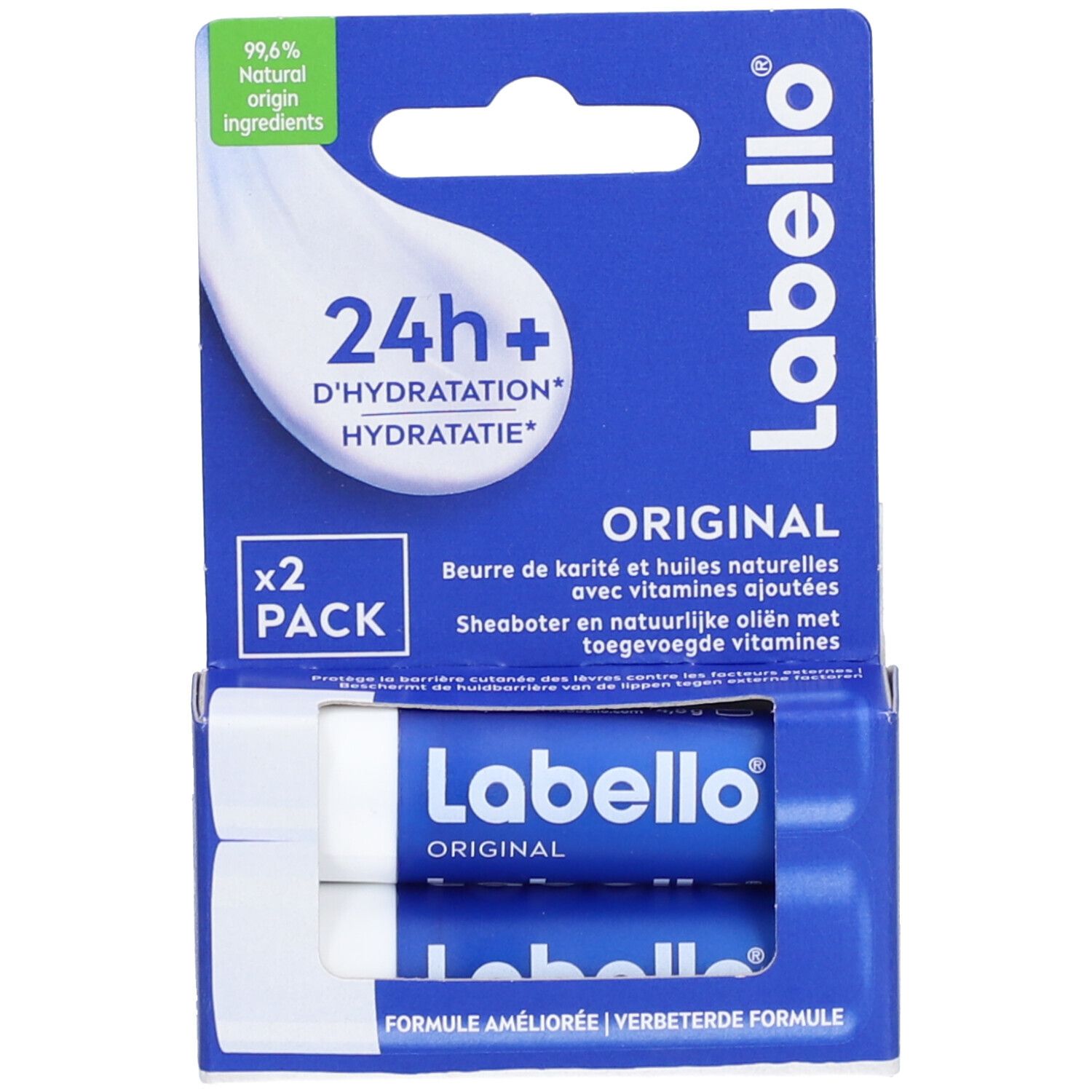 Labello Original Duo Pack. Zwei Lippenpflegestifte in blauer Verpackung. Sichtbar: 24h+ Hydratation, 99,6% natürliche Inhaltsstoffe.