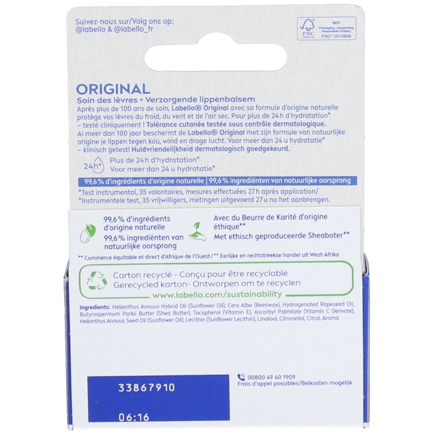 Rückseite der Labello Original Verpackung. Text: Soin des lèvres, 99,6% Inhaltsstoffe natürlichen Ursprungs, recycelter Karton.