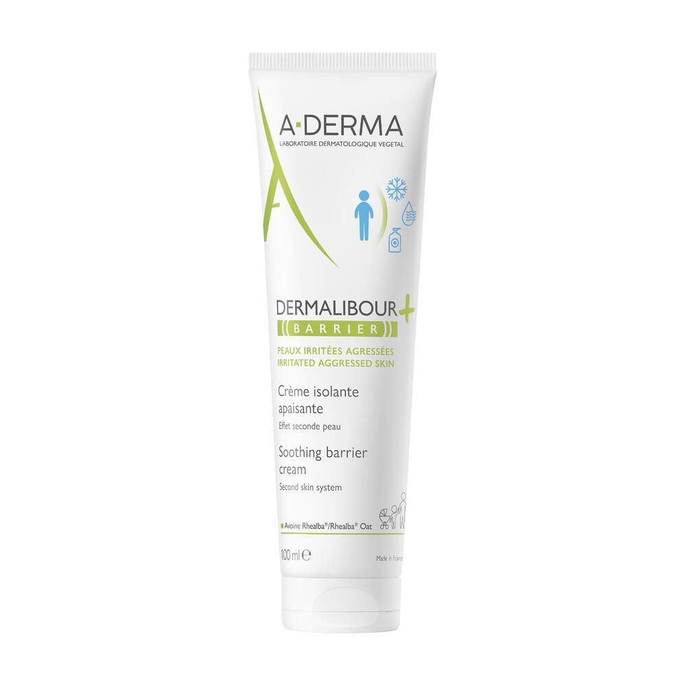 Tube blanc A-DERMA DERMALIBOUR+ BARRIER. Texte: Crème isolante apaisante. Logo vert et bleu. Contient 100ml.