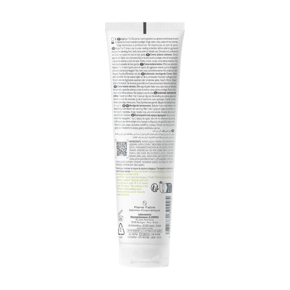 Dos du tube de crème A-DERMA DERMALIBOUR+ BARRIER. Texte multilingue. Code QR et symboles de recyclage.
