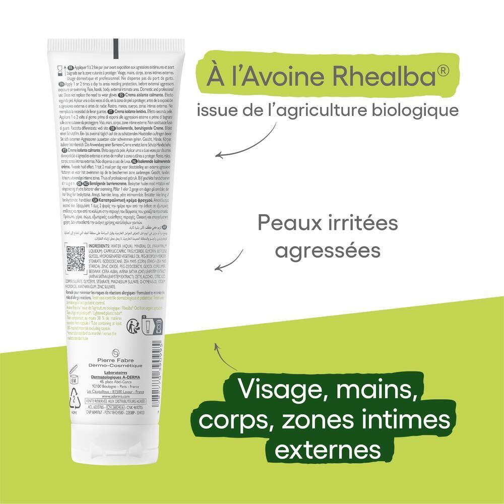 Dos du tube avec texte. Souligné: À l'Avoine Rhealba, Peaux irritées agressées, Visage, mains, corps, zones intimes externes.