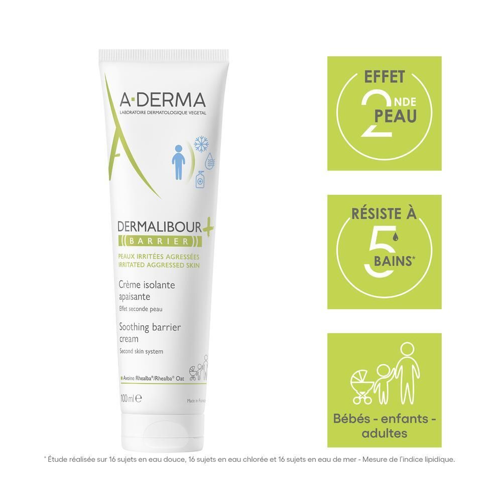 Tube A-DERMA DERMALIBOUR+ BARRIER. Texte: Crème isolante apaisante. Logos: Effet 2ème peau, Résiste à 5 bains, Bébés-enfants-adultes.