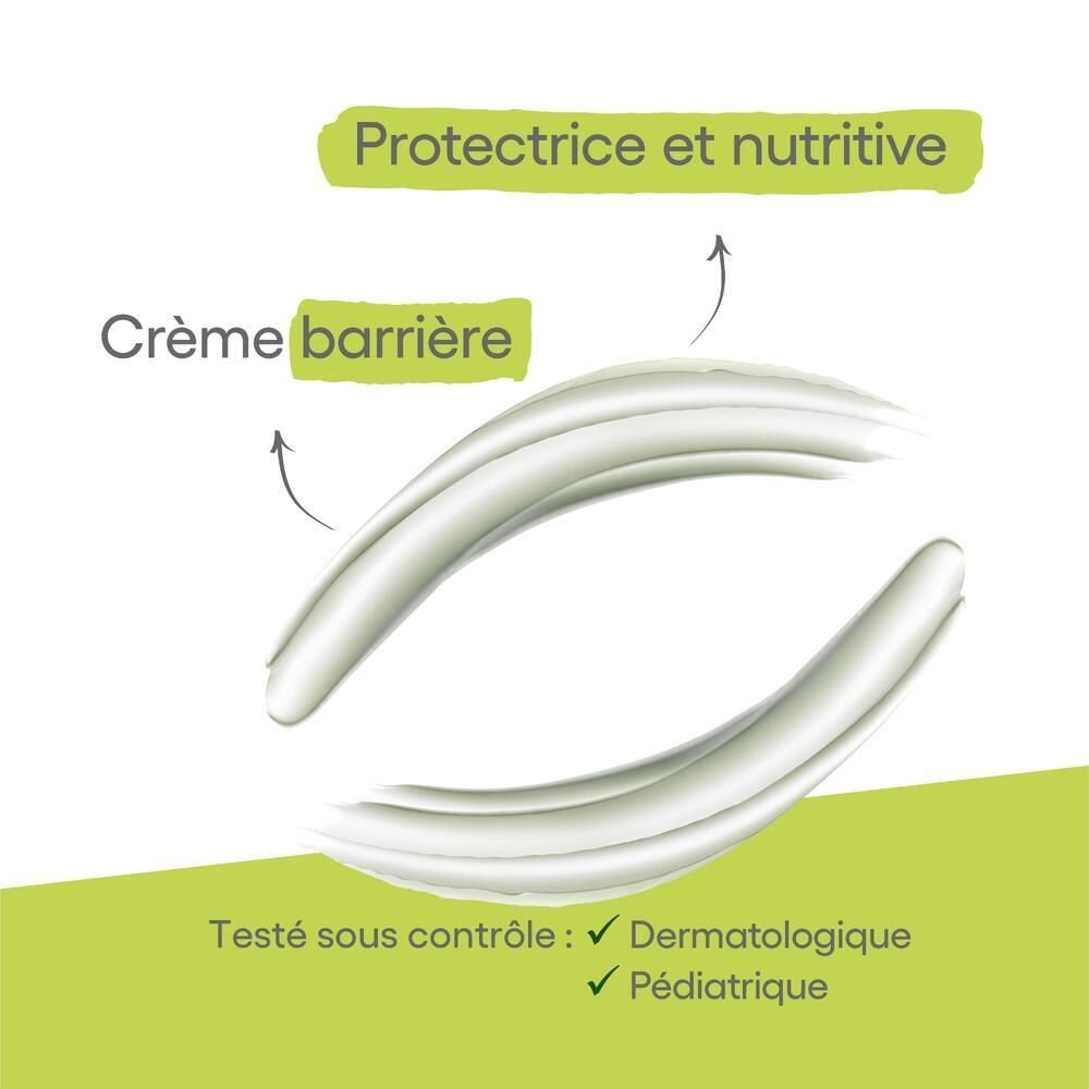Deux traits de crème. Texte: Crème barrière, Protectrice et nutritive. Logos: Testé sous contrôle dermatologique et pédiatrique.