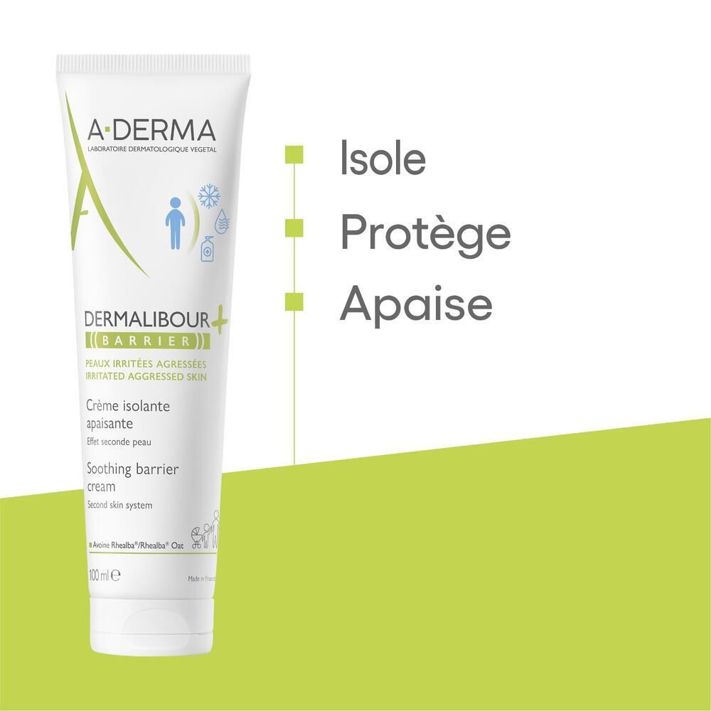 Tube A-DERMA DERMALIBOUR+ BARRIER. Texte: Crème isolante apaisante. Souligné: Isole, Protège, Apaise. Fond vert.