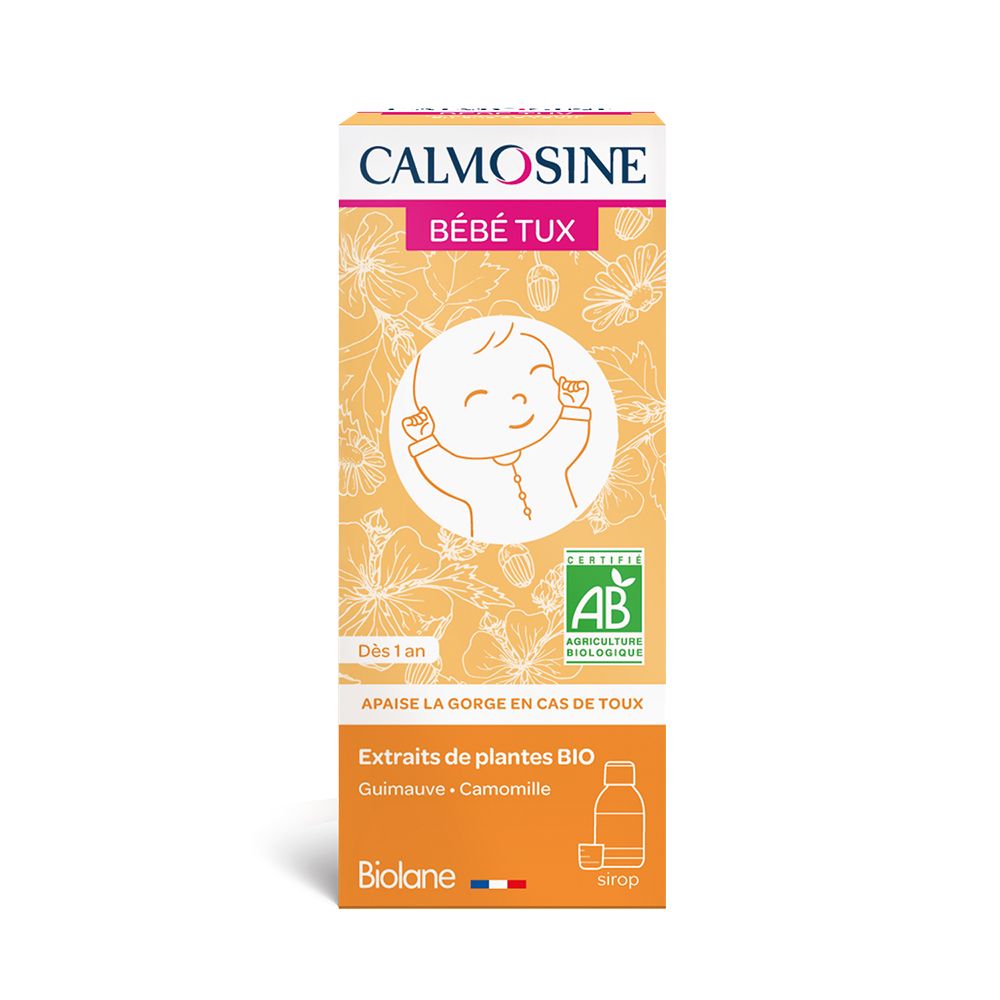 Boîte CALMOSINE BÉBÉ TUX. Illustration bébé. Certification AB. Texte: Dès 1 an. Apaise la gorge en cas de toux.