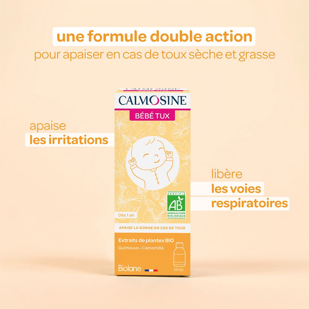 Emballage CALMOSINE BÉBÉ TUX. Texte: une formule double action. Apaise les irritations. Libère les voies respiratoires.