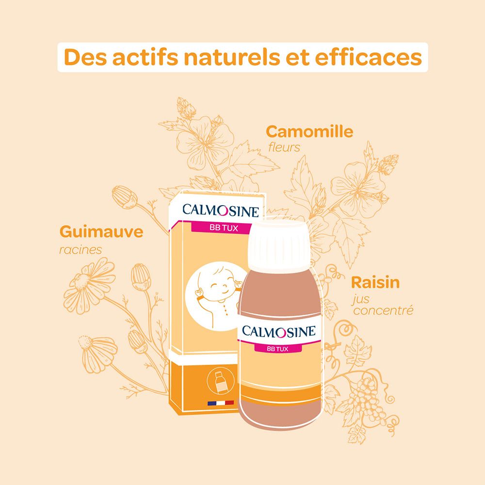 Flacon et boîte CALMOSINE BÉBÉ TUX. Illustrations camomille, guimauve et raisin. Texte: Des actifs naturels et efficaces.