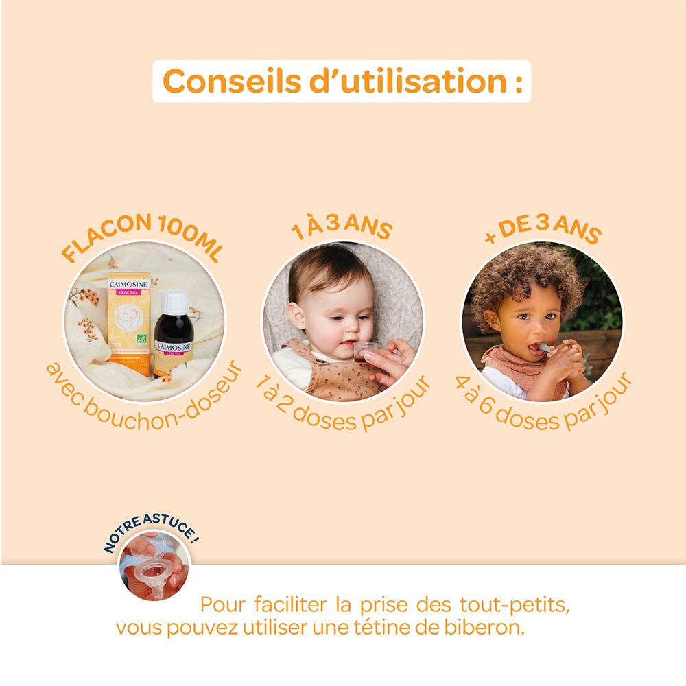 Flacon et emballage CALMOSINE BÉBÉ TUX. Illustrations enfants. Texte: Conseils d'utilisation. Flacon 100ml.