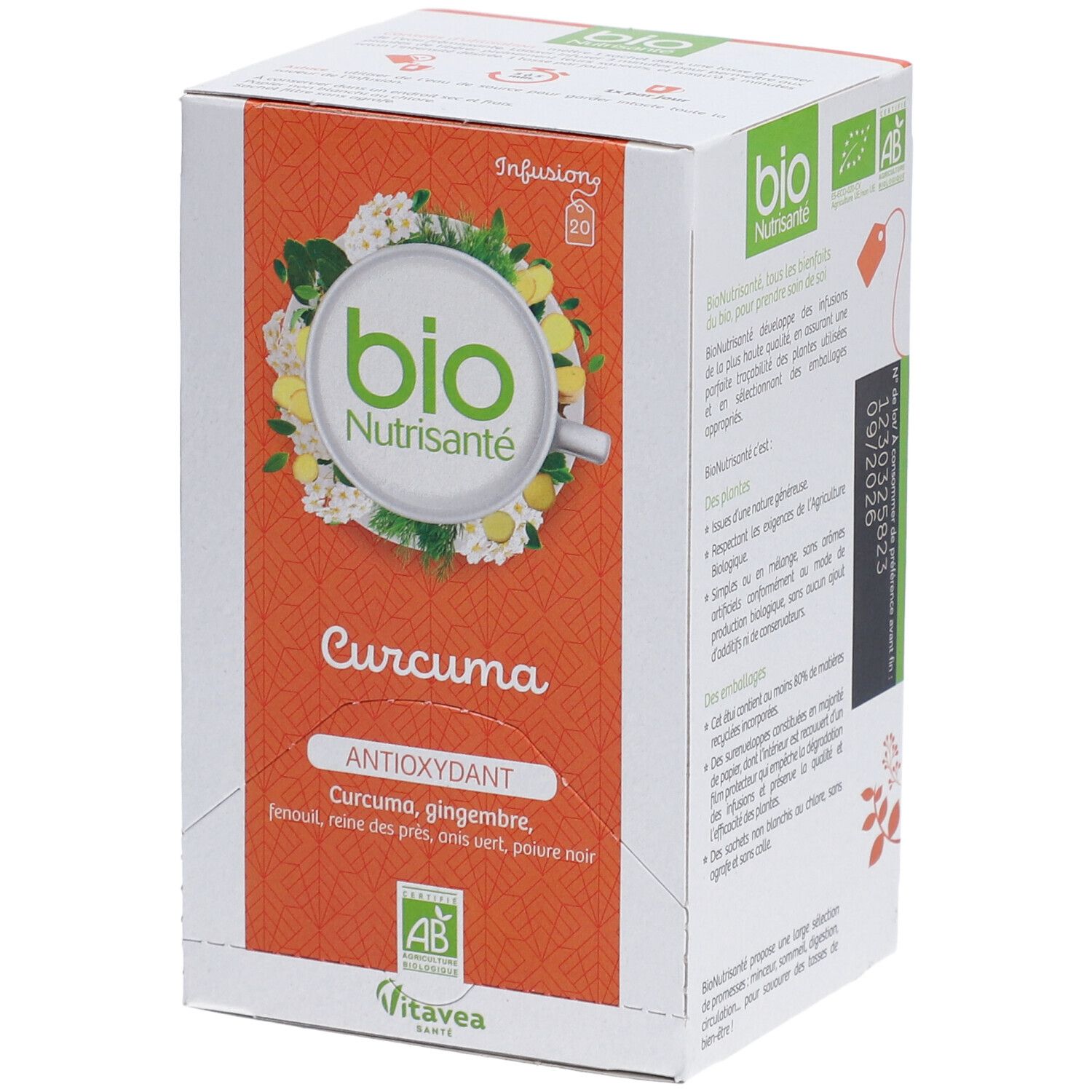 Boîte "bio Nutrisanté Curcuma". Ingrédients : curcuma, gingembre, fenouil, reine des prés, anis vert, poivre noir. 20 sachets.