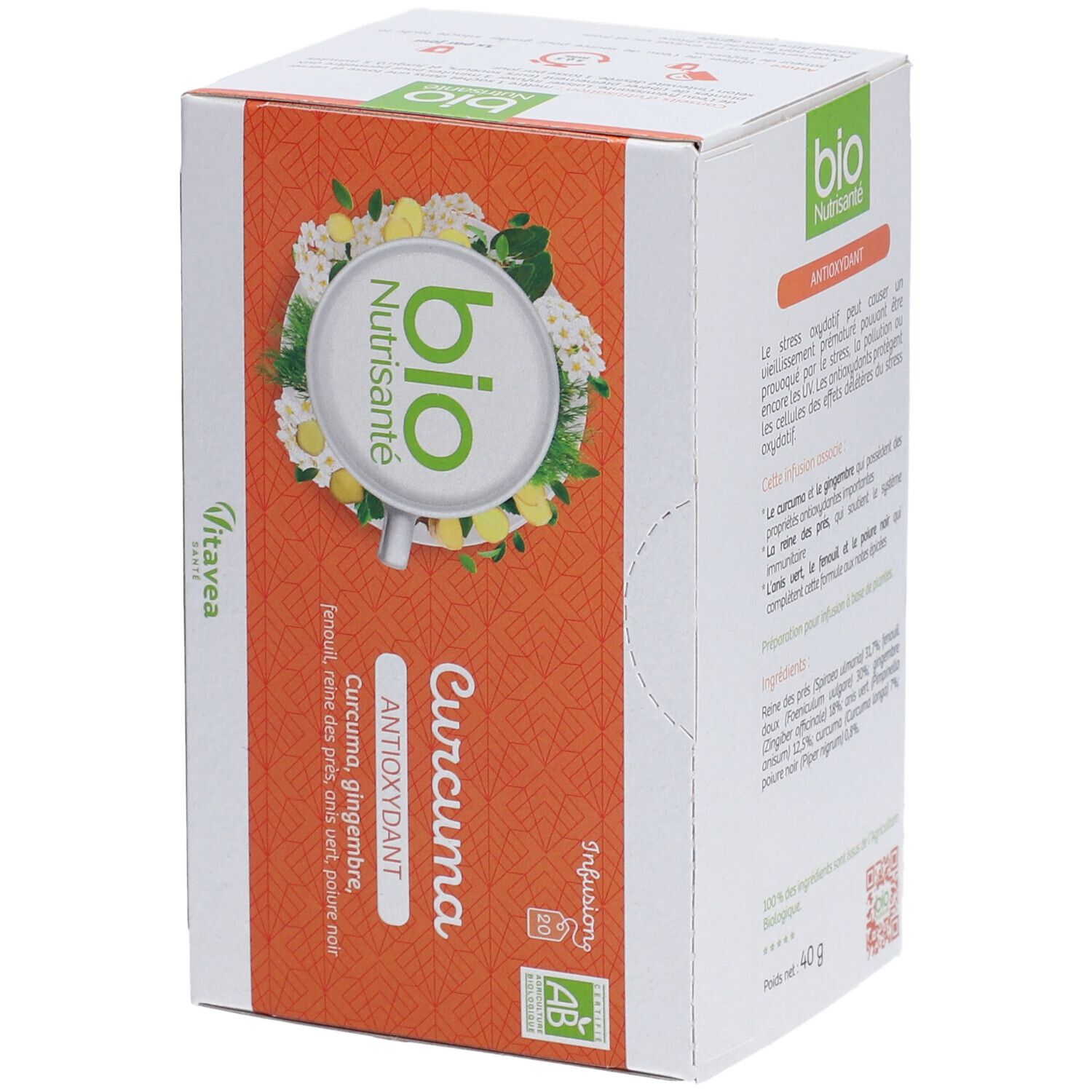 Boîte "bio Nutrisanté Curcuma". Vue latérale avec informations sur les ingrédients. Label AB Bio.