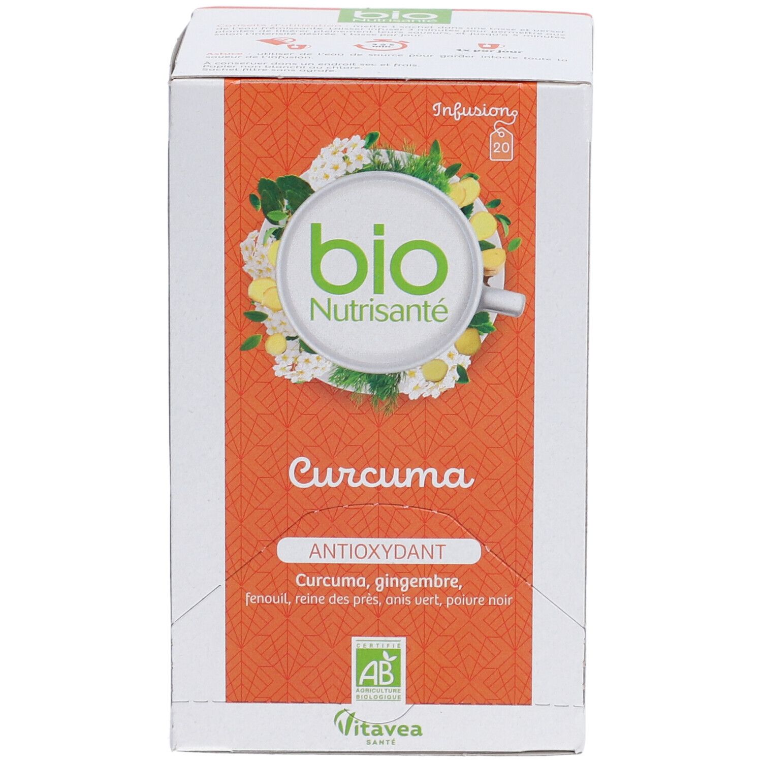 Boîte "bio Nutrisanté Curcuma". Vue de face avec nom du produit et logo. Label AB Bio.