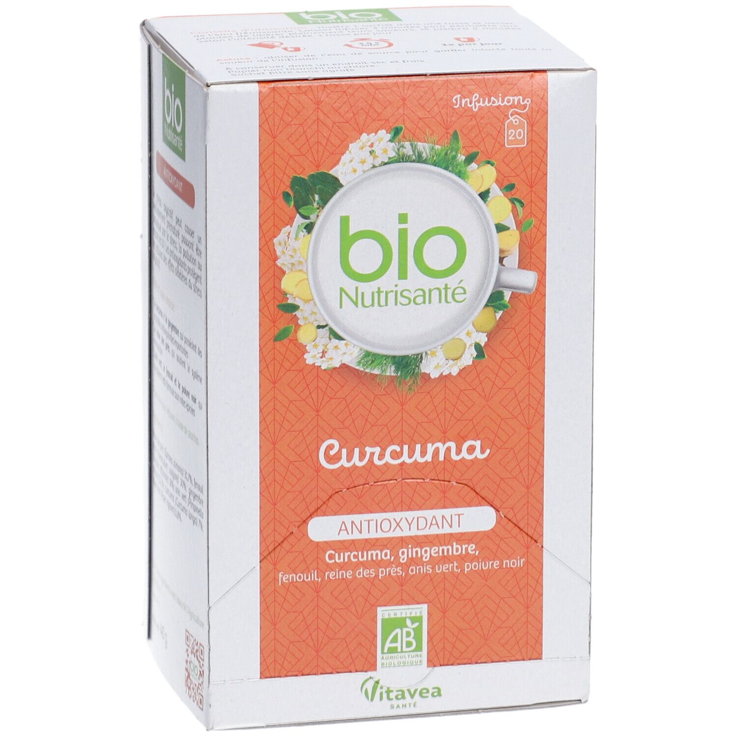 Boîte "bio Nutrisanté Curcuma". Vue de face avec nom du produit et logo. Contient 20 sachets.