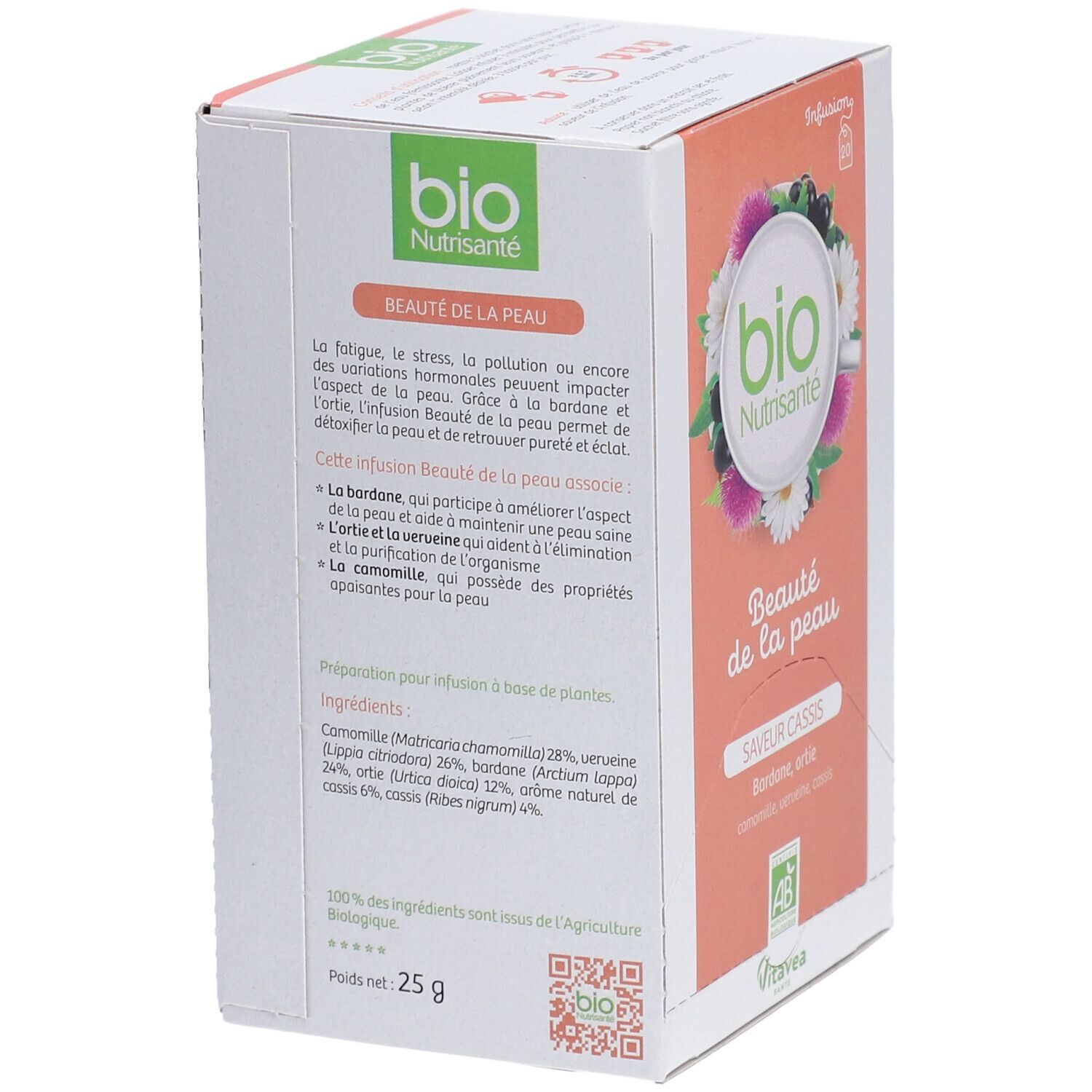 Boîte de thé aux herbes. Inscription "bio Nutrisanté". Liste des ingrédients et description. Label AB bio.