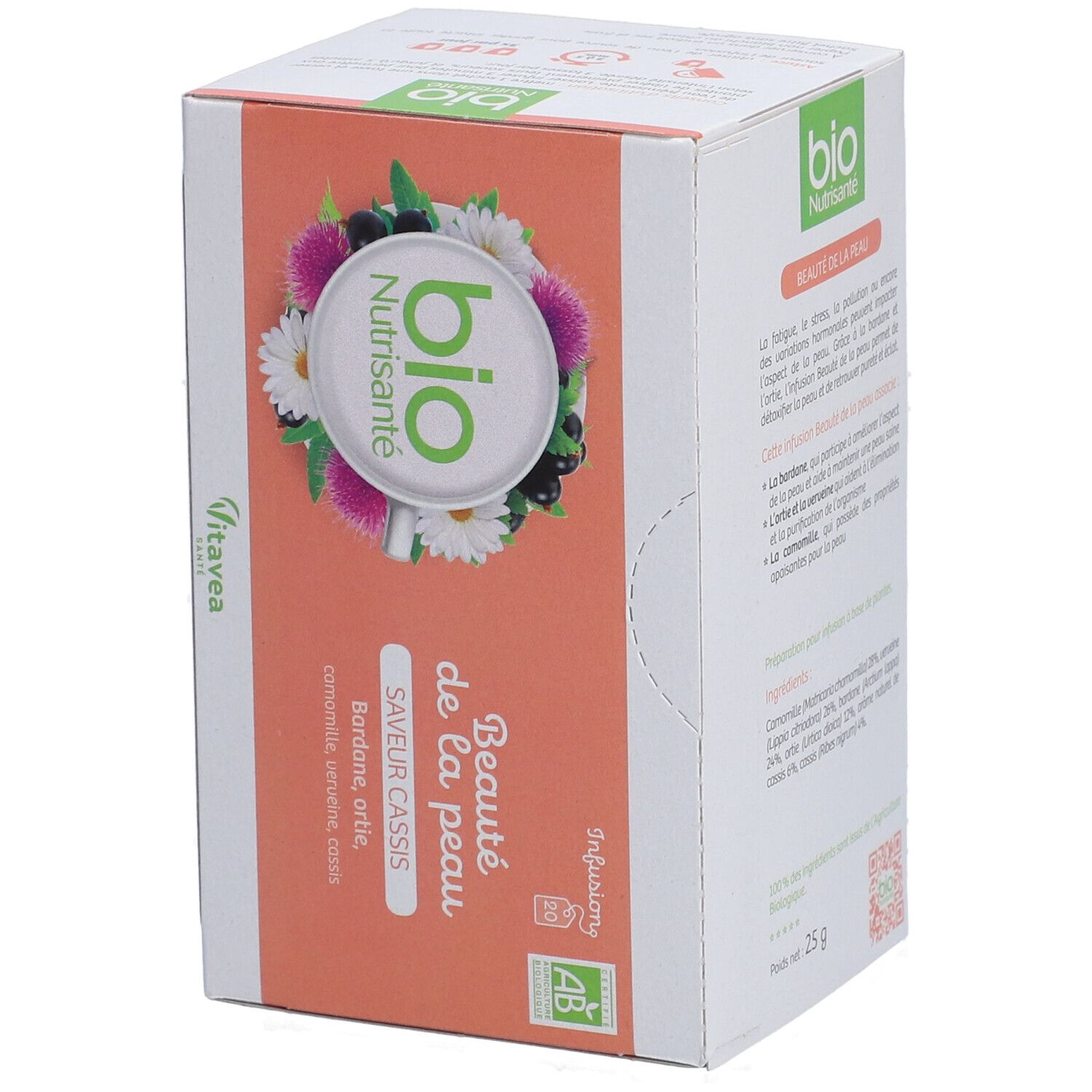 Boîte de thé aux herbes. Inscription "bio Nutrisanté". Goût cassis. Label AB bio.