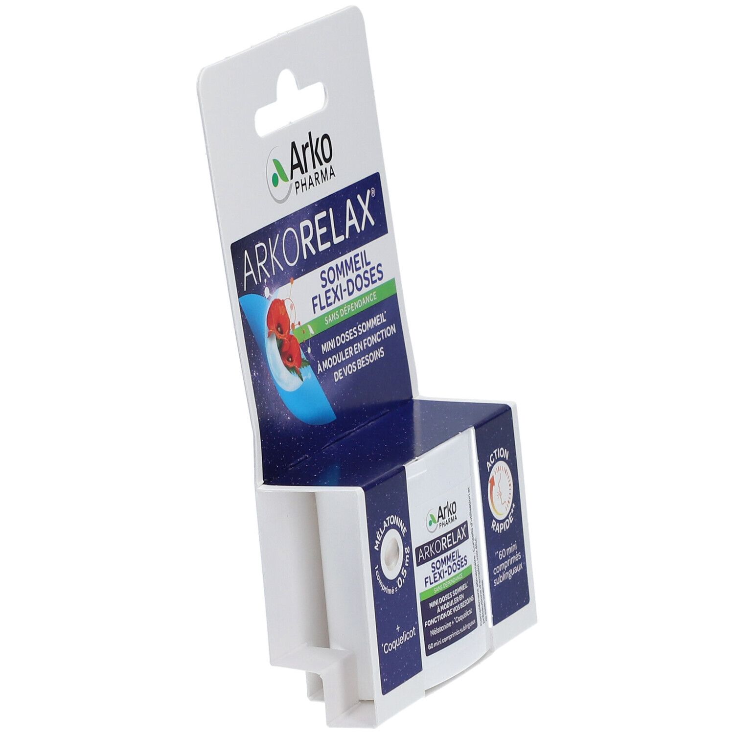 Emballage Arkorelax® Sommeil Flexi-Doses. Produit dans un support blanc. Marque et nom du produit visibles.