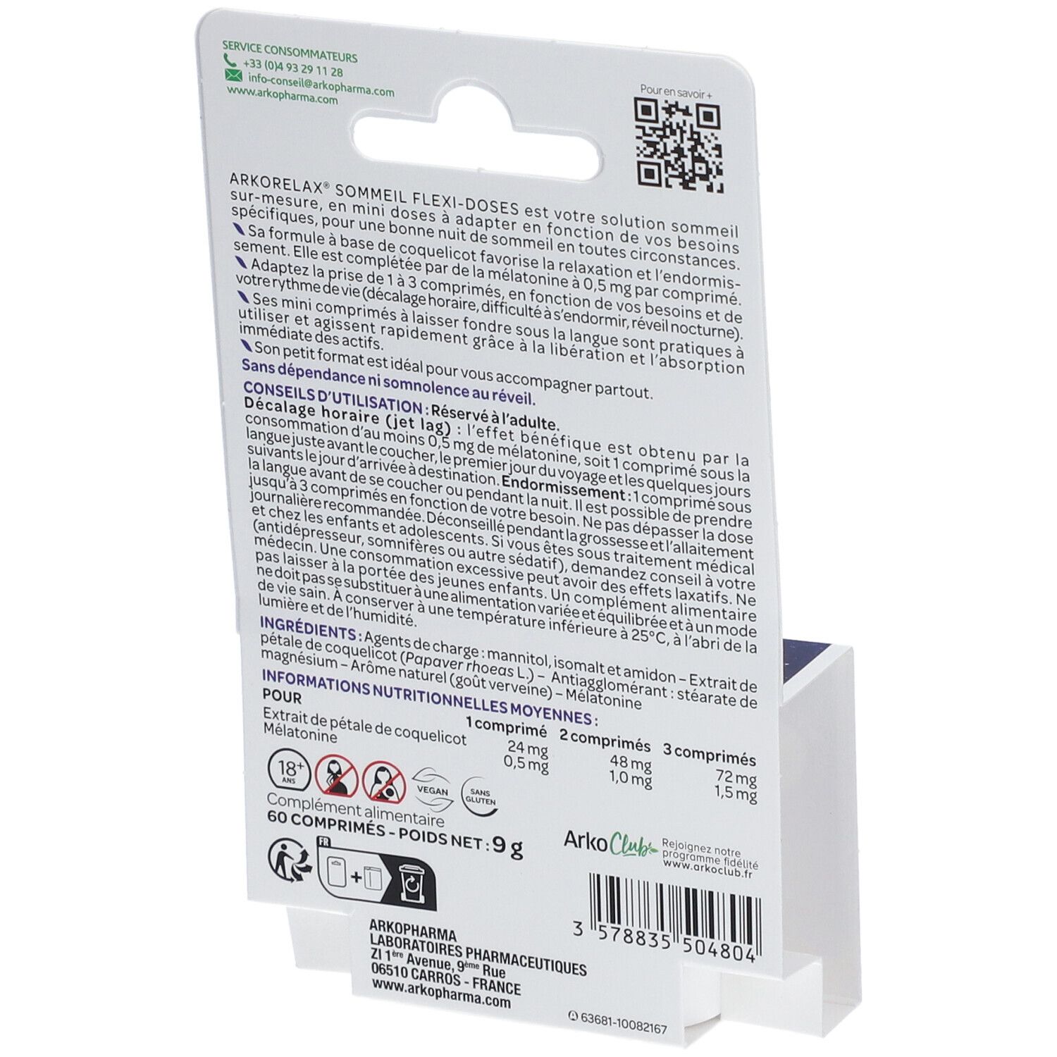 Dos de l'emballage Arkorelax® Sommeil Flexi-Doses. Informations textuelles et ingrédients.