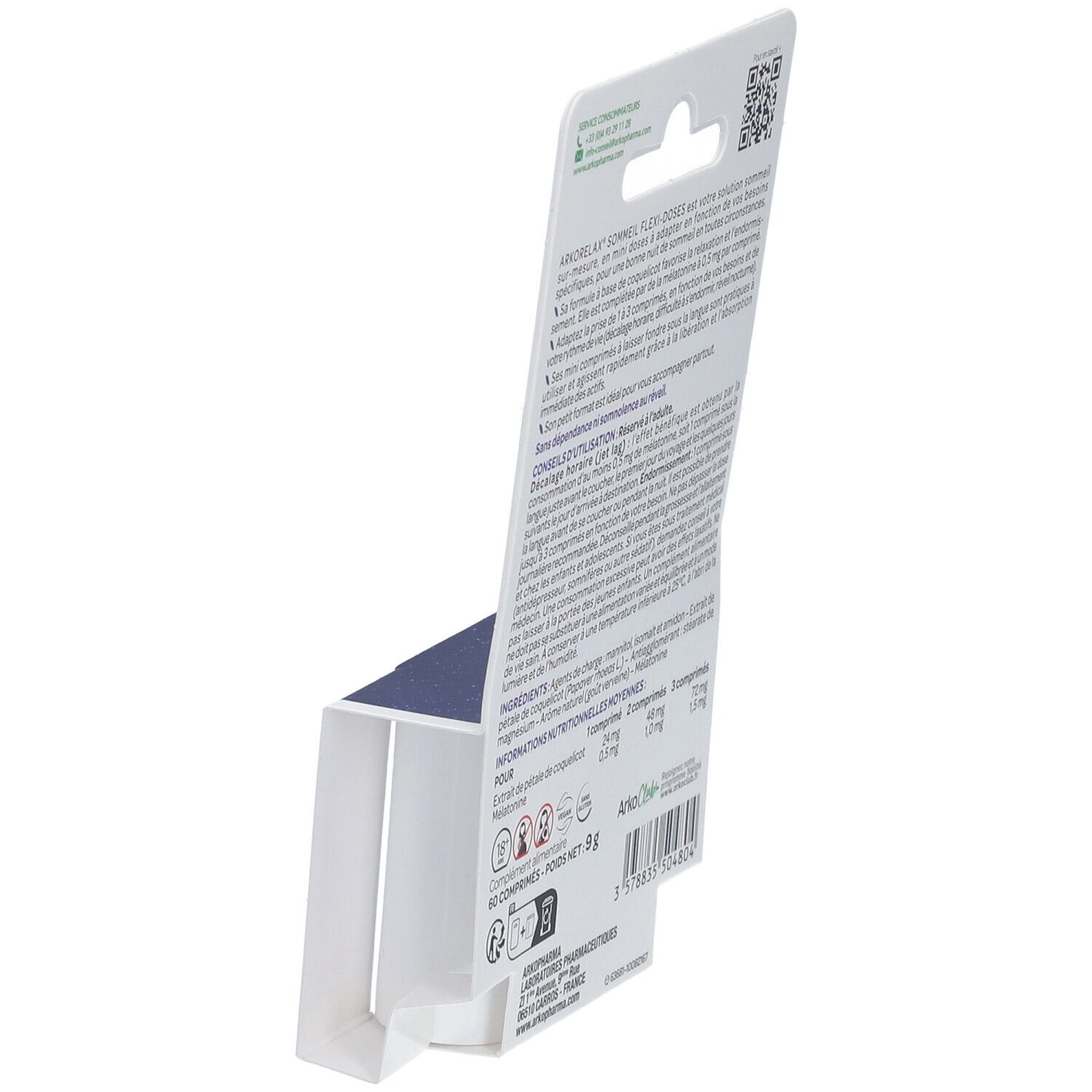 Vue latérale de l'emballage Arkorelax® Sommeil Flexi-Doses. Informations textuelles et code QR.