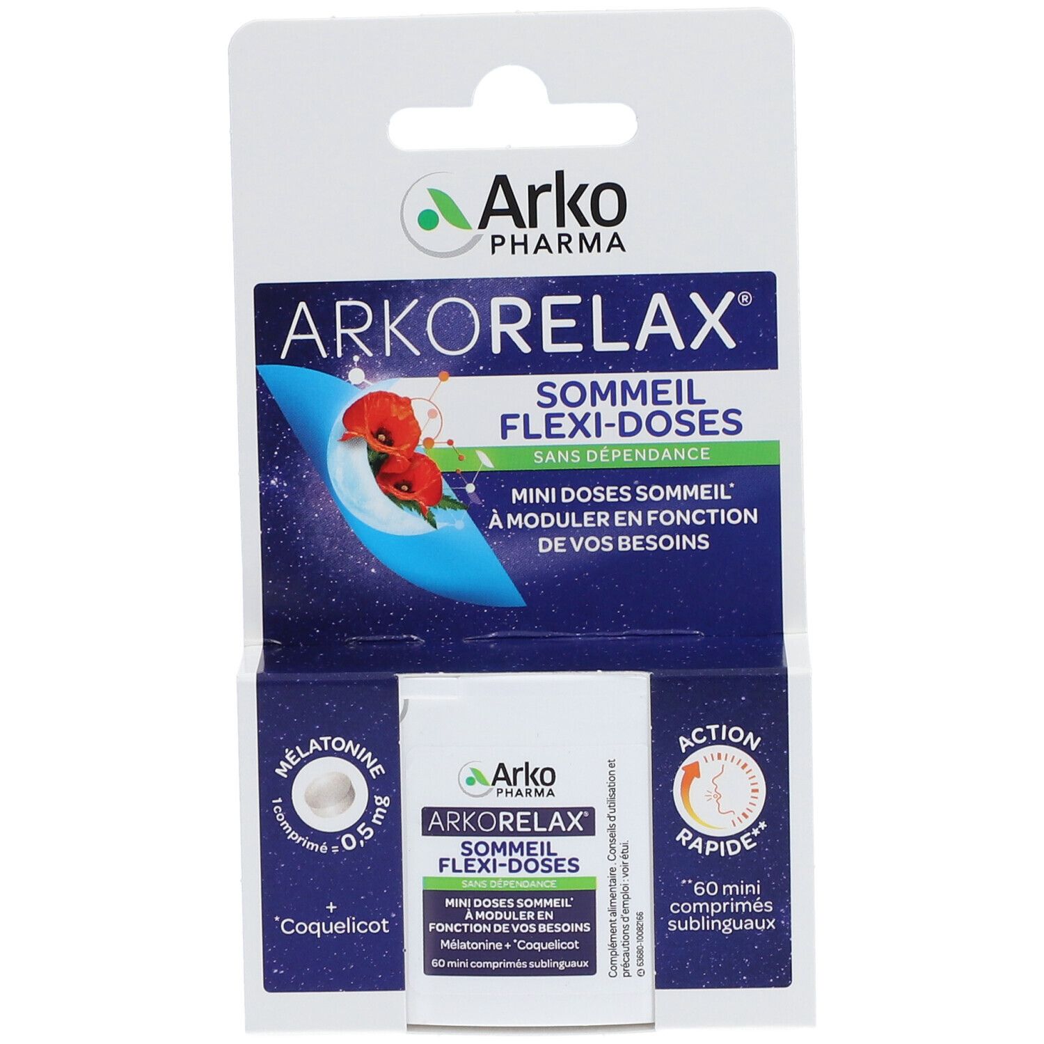 Emballage Arkorelax® Sommeil Flexi-Doses. Contient 60 mini-comprimés. Marque et nom du produit visibles.