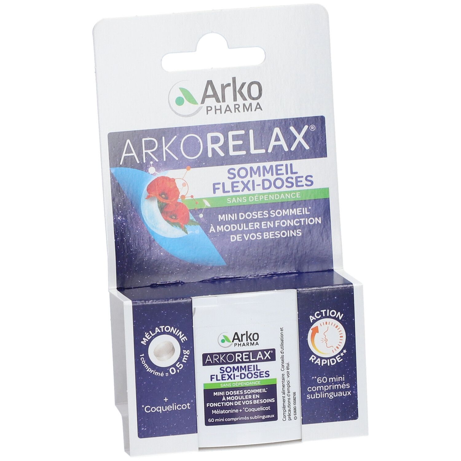 Emballage Arkorelax® Sommeil Flexi-Doses. Contient 60 mini-comprimés. Marque et nom du produit visibles.