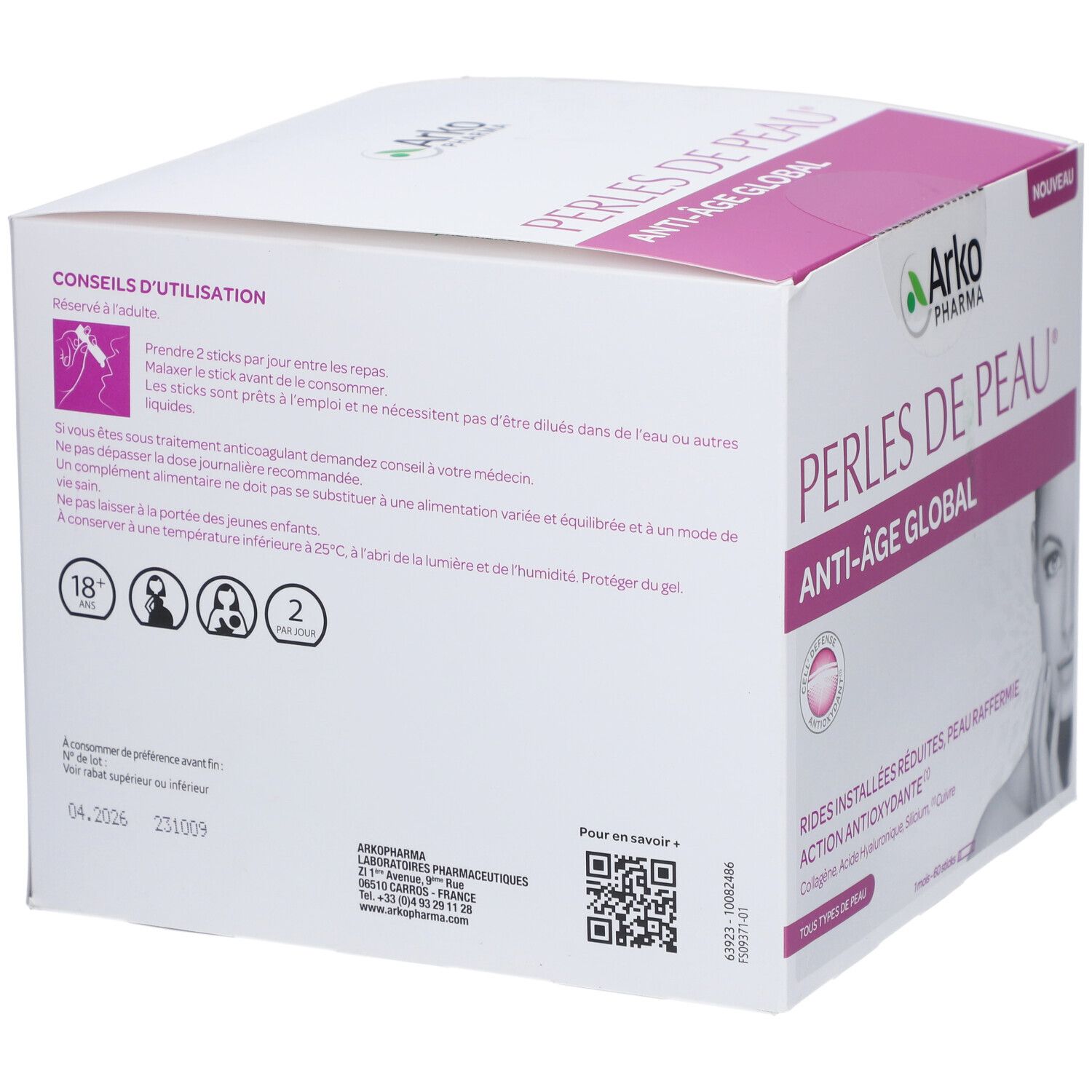 Rückseite der Schachtel Arkopharma Perles de Peau Anti-Âge Global. Enthält Anweisungen und Informationen. Weiß mit rosa Akzenten.