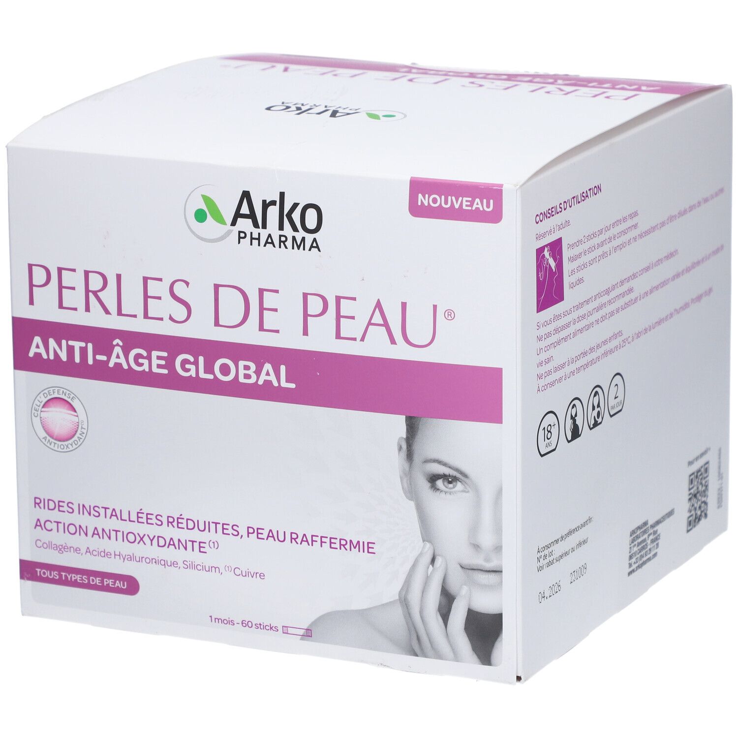 Schachtel mit Arkopharma Perles de Peau Anti-Âge Global. Rosa und weiße Verpackung mit Produktnamen und Logo. Frauengesicht.