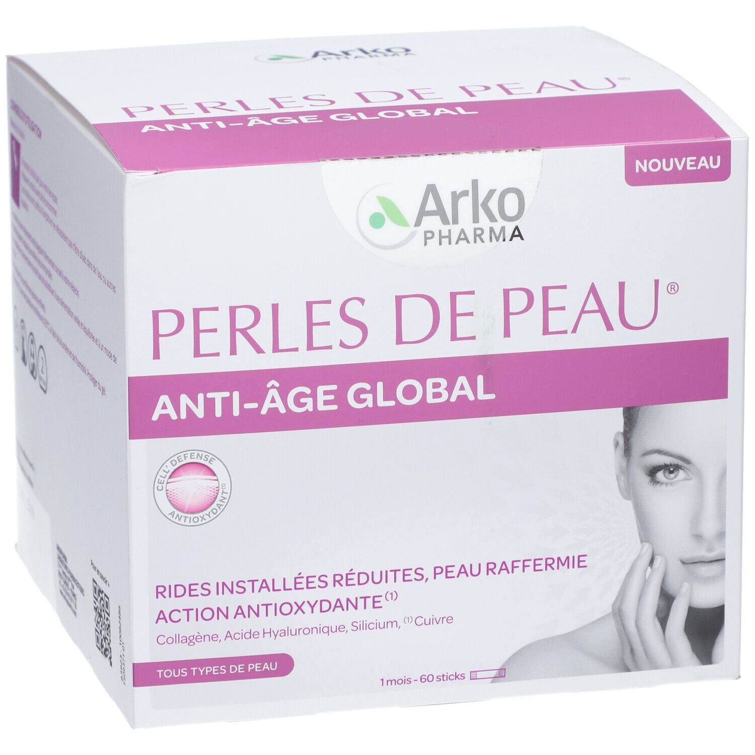 Schachtel Arkopharma Perles de Peau Anti-Âge Global. Rosa und weiße Verpackung mit Produktnamen und Logo. Frauengesicht.