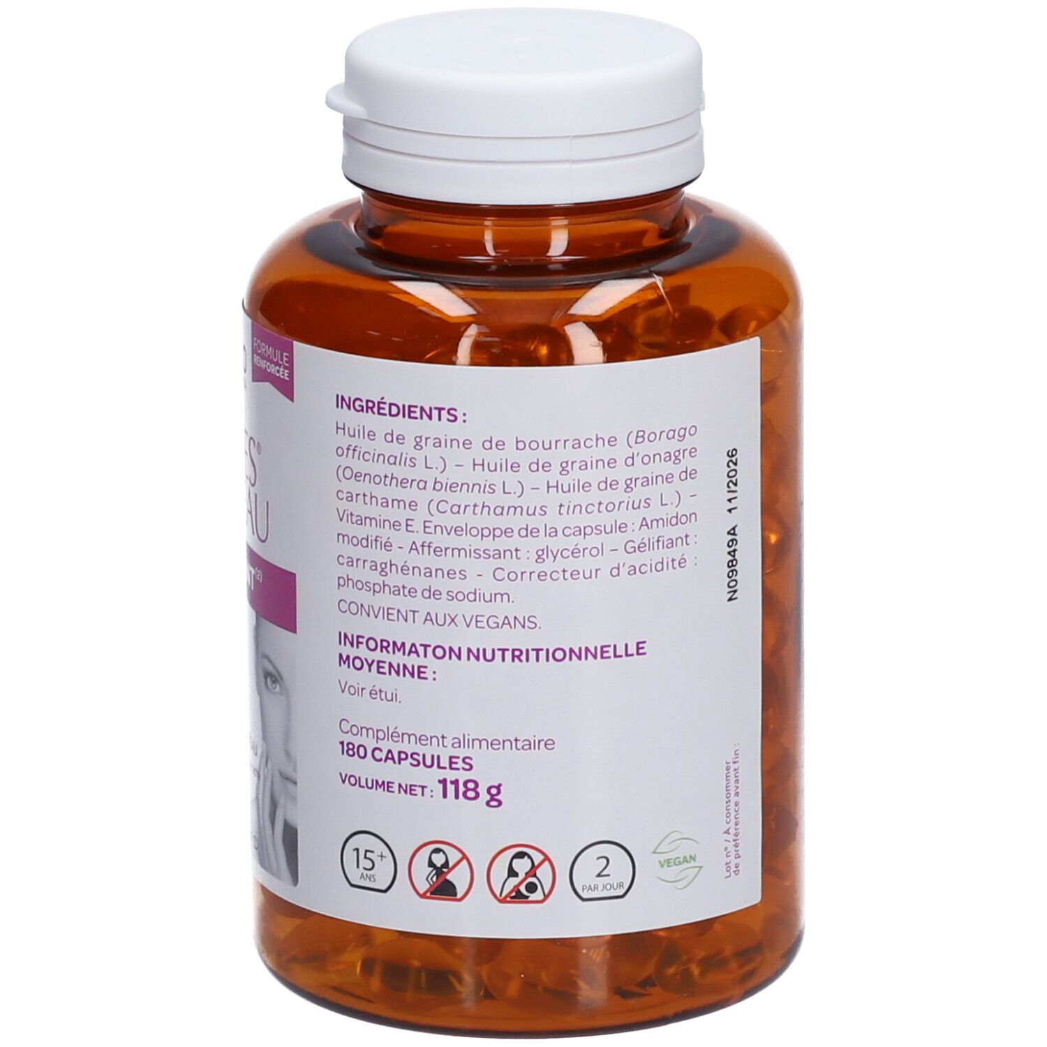 Dos du flacon. Texte: Ingrédients, informations nutritionnelles. Contient 180 gélules. Marque: Arko Pharma.