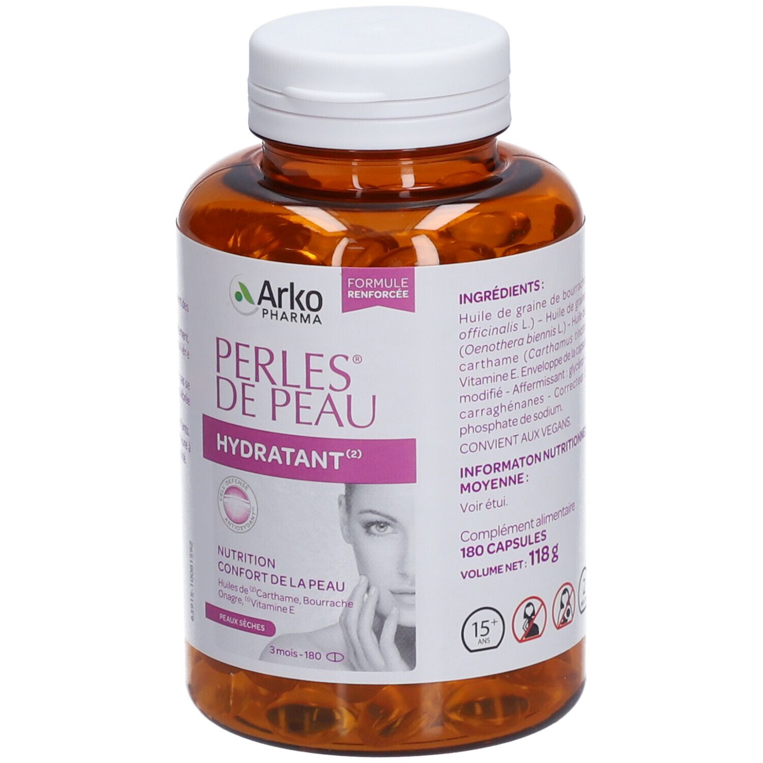 Flacon marron, bouchon blanc. Inscription: Perles de Peau Hydratant. Contient 180 gélules. Marque: Arko Pharma.