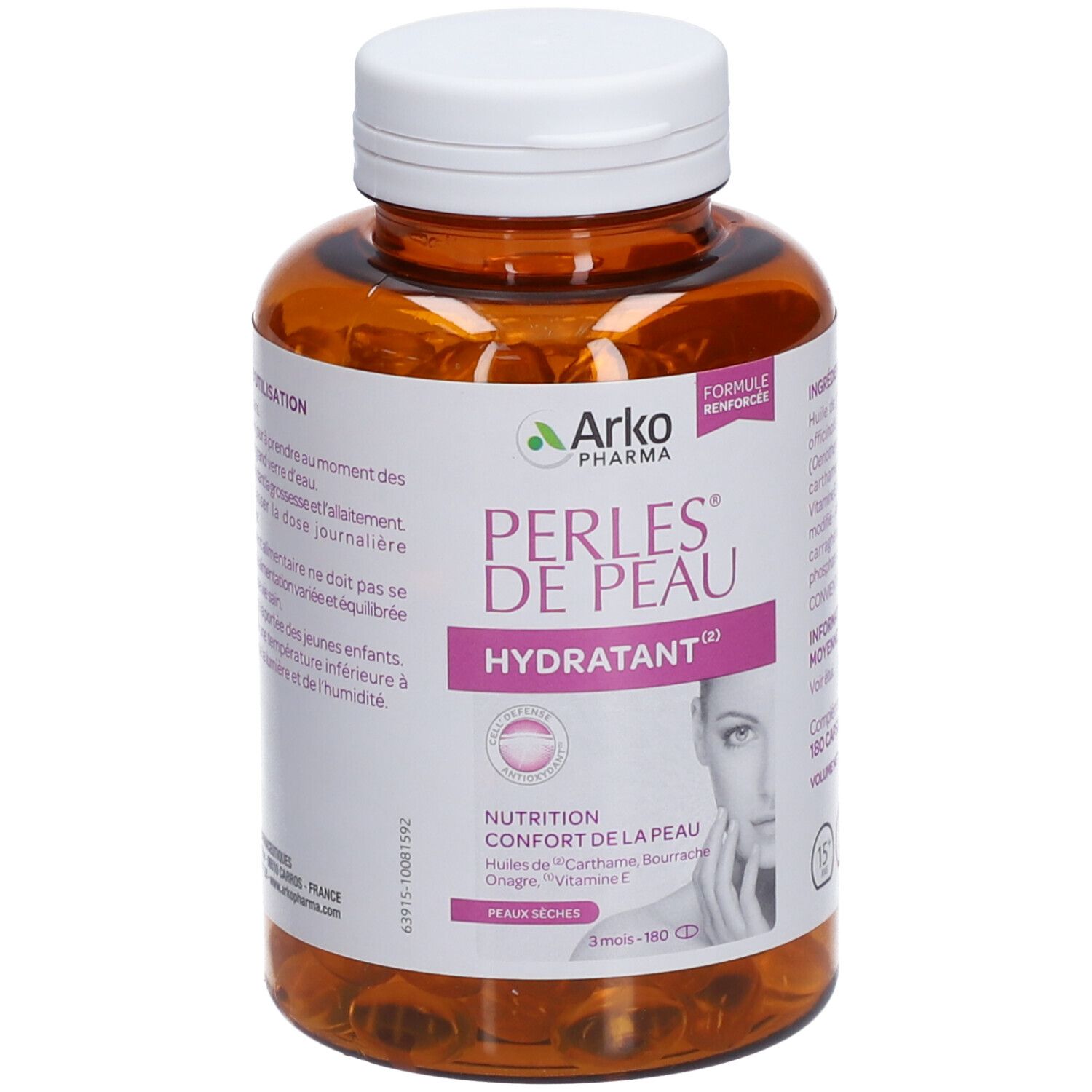 Flacon marron, bouchon blanc. Inscription: Perles de Peau Hydratant. Marque: Arko Pharma. Contient 180 gélules.