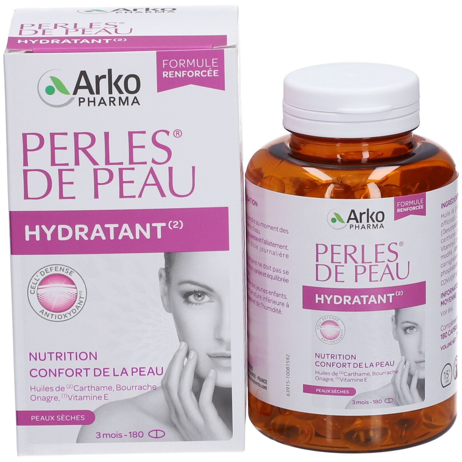 Emballage et flacon. Inscription: Perles de Peau Hydratant. Marque: Arko Pharma. Contient 180 gélules.