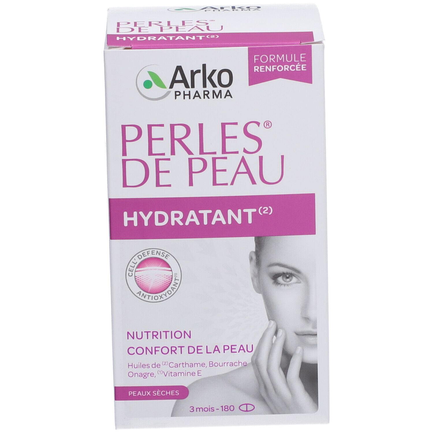 Emballage du produit. Inscription: Perles de Peau Hydratant. Marque: Arko Pharma. Contient 180 gélules.