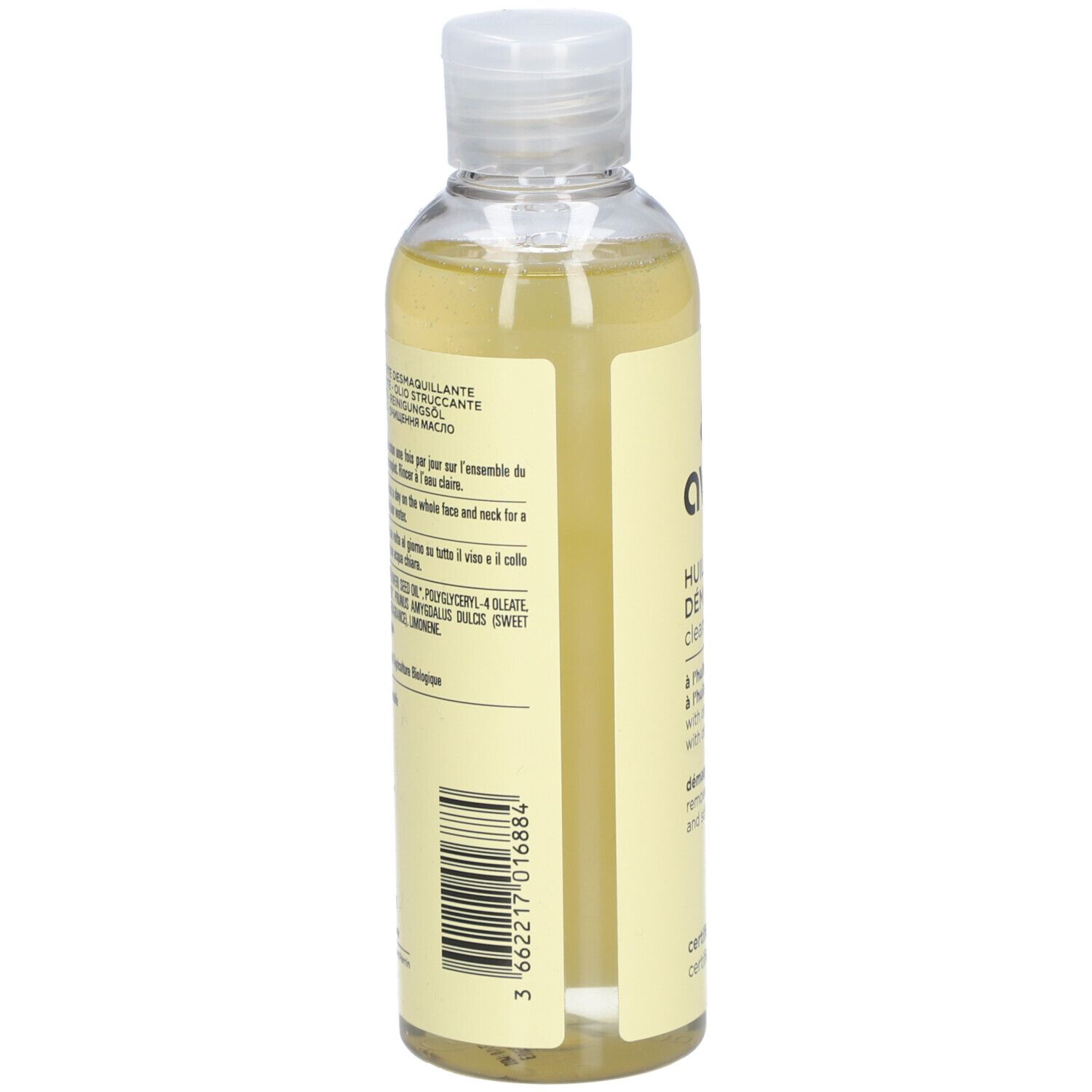 Rückansicht der Flasche. Etikett mit Produktinformationen und Barcode. Bio-Zertifizierung.