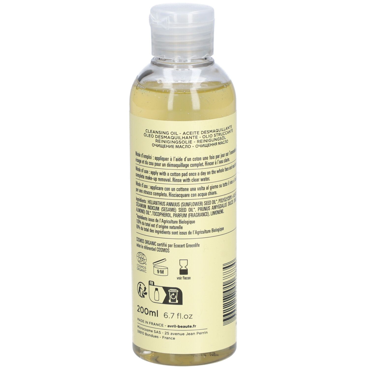 Rückansicht der Flasche. Etikett mit Produktinformationen, Inhaltsstoffen und Bio-Zertifizierung. 200ml.