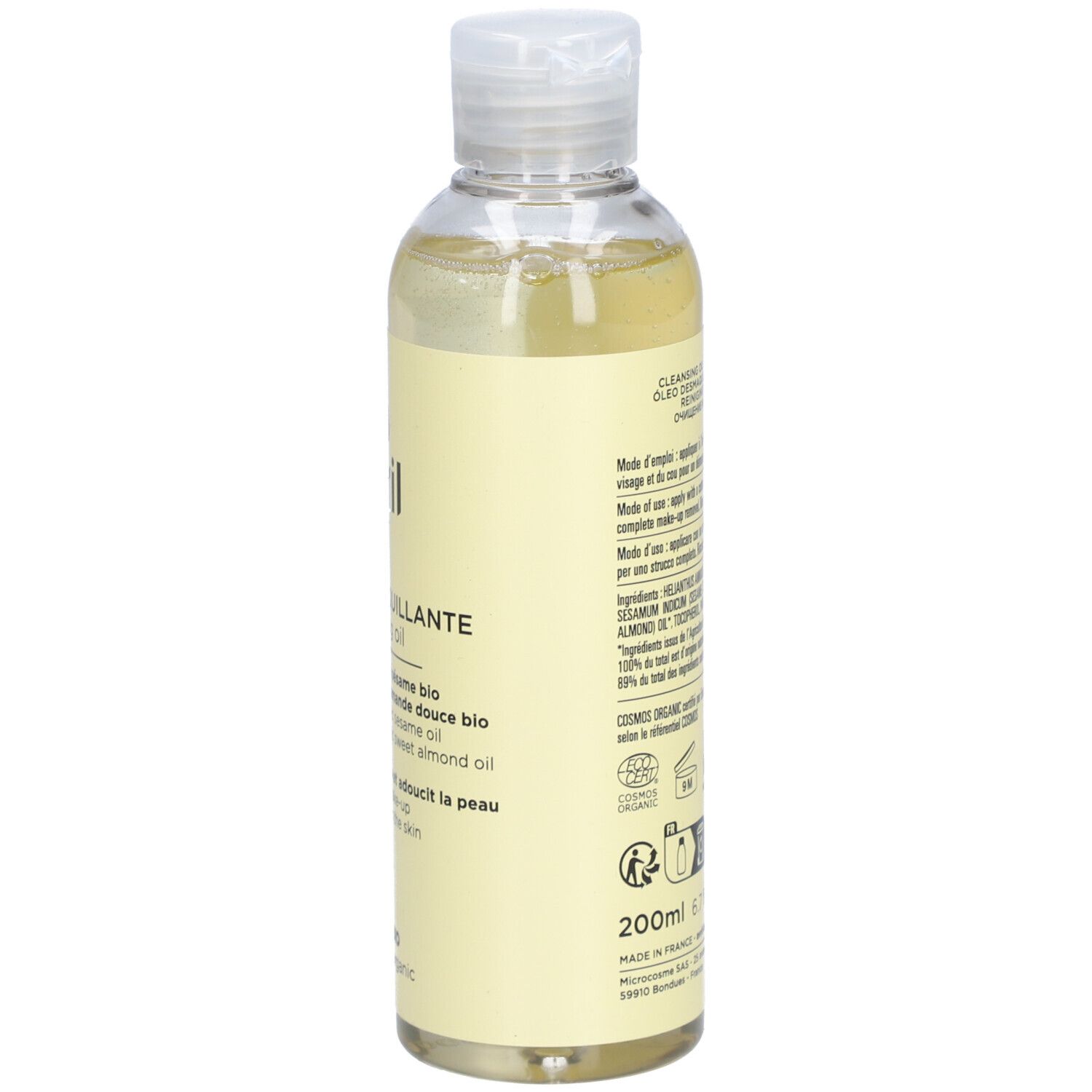Rückansicht der Flasche. Etikett mit Produktinformationen, Inhaltsstoffen und Bio-Zertifizierung. 200ml.