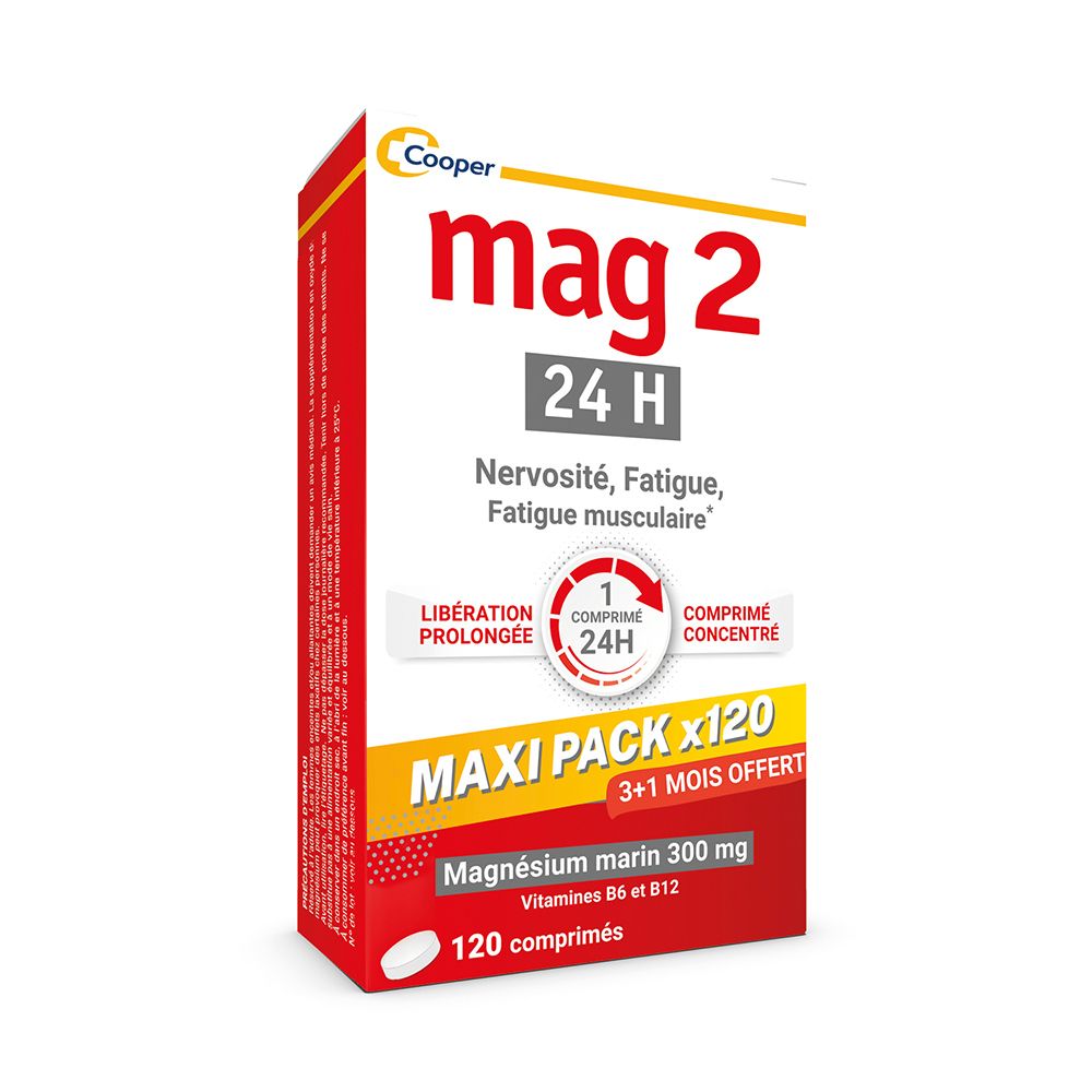 Boîte de mag 2, 120 comprimés, Maxi Pack. Contient magnésium, vitamine B6 et B12. 3+1 mois offerts.